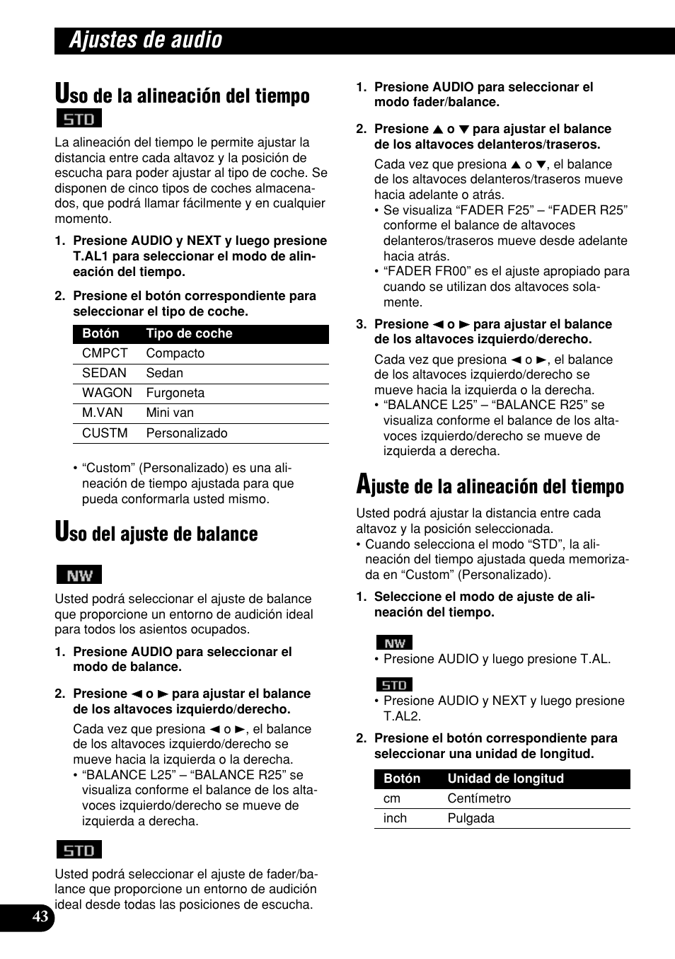 Ajustes de audio, So de la alineación del tiempo, So del ajuste de balance | Juste de la alineación del tiempo | Pioneer DEH-P9400MP User Manual | Page 112 / 140