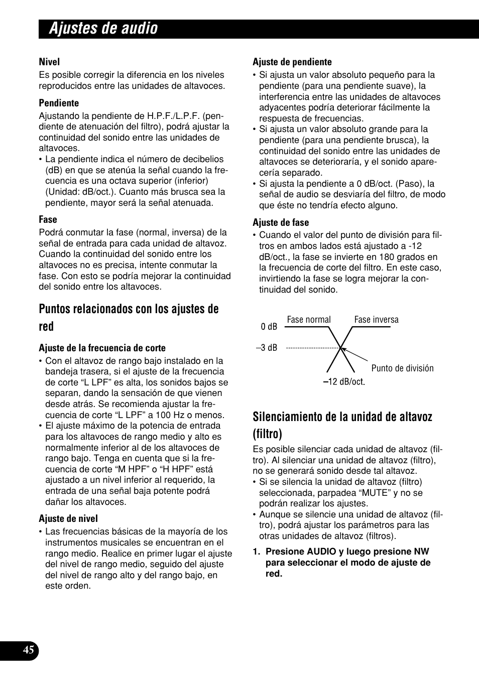 Ajustes de audio, Puntos relacionados con los ajustes de red, Silenciamiento de la unidad de altavoz (filtro) | Pioneer DEH-P9400MP User Manual | Page 114 / 140