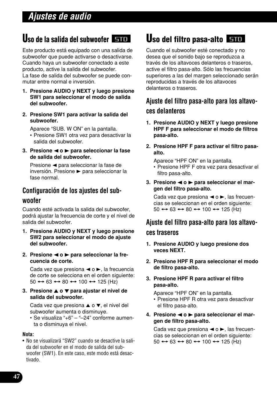 Ajustes de audio, So de la salida del subwoofer, So del filtro pasa-alto | Configuración de los ajustes del sub- woofer | Pioneer DEH-P9400MP User Manual | Page 116 / 140