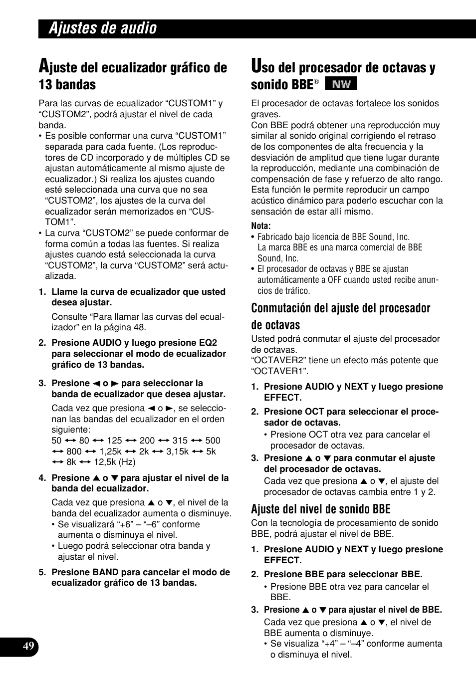 Ajustes de audio, Juste del ecualizador gráfico de 13 bandas, So del procesador de octavas y sonido bbe | Conmutación del ajuste del procesador de octavas, Ajuste del nivel de sonido bbe | Pioneer DEH-P9400MP User Manual | Page 118 / 140