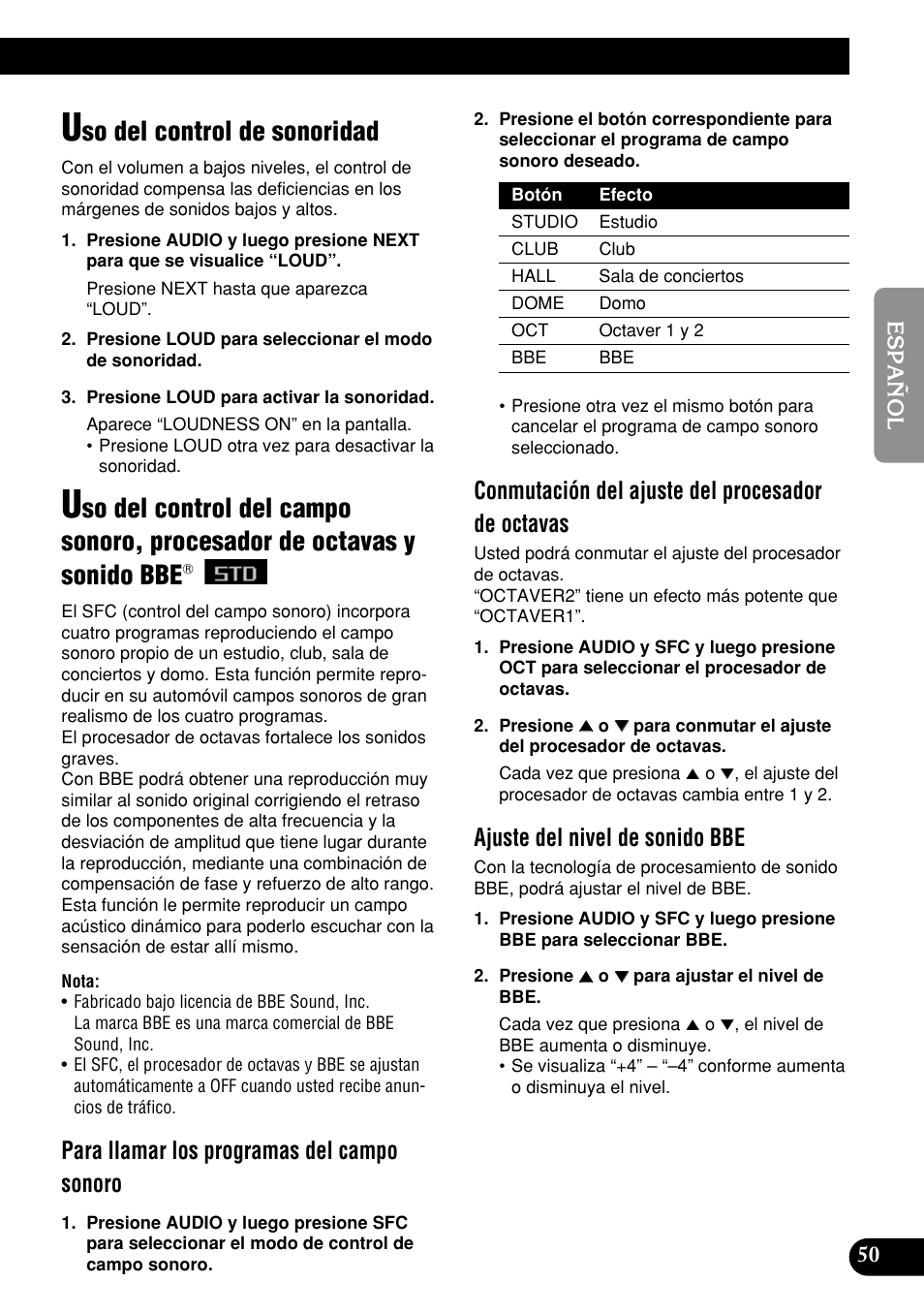 De octavas y sonido bbe, So del control de sonoridad, Para llamar los programas del campo sonoro | Conmutación del ajuste del procesador de octavas, Ajuste del nivel de sonido bbe | Pioneer DEH-P9400MP User Manual | Page 119 / 140