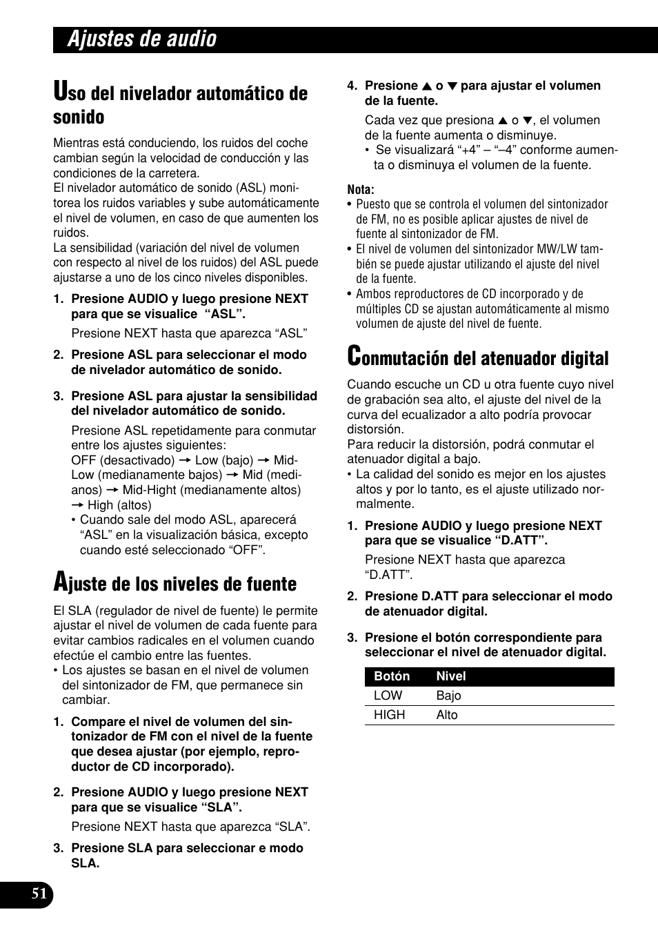 Ajustes de audio, So del nivelador automático de sonido, Juste de los niveles de fuente | Onmutación del atenuador digital | Pioneer DEH-P9400MP User Manual | Page 120 / 140