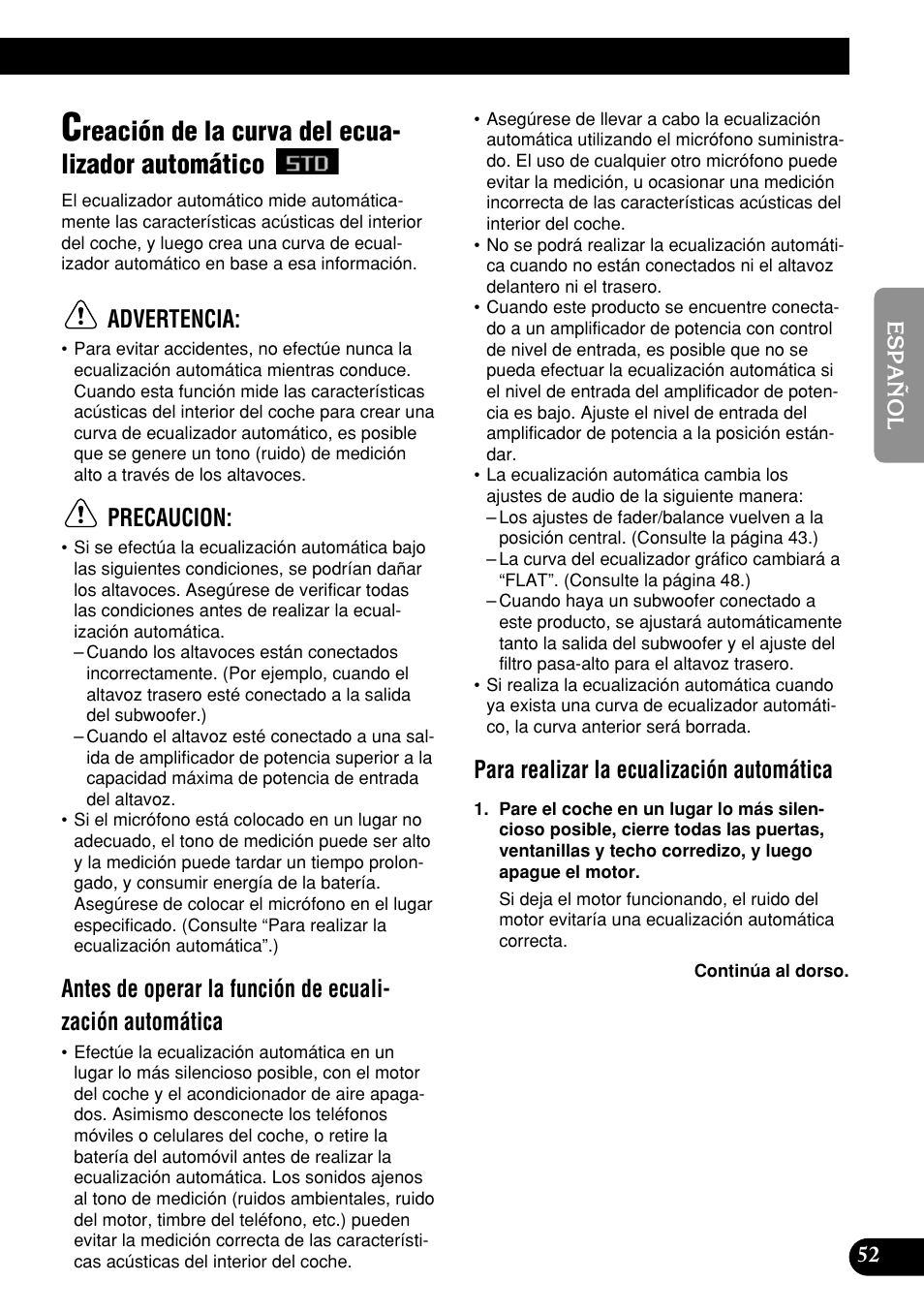 Creación de la curva del ecualizador, Automático, Reación de la curva del ecua- lizador automático | Advertencia, Precaucion, Para realizar la ecualización automática | Pioneer DEH-P9400MP User Manual | Page 121 / 140