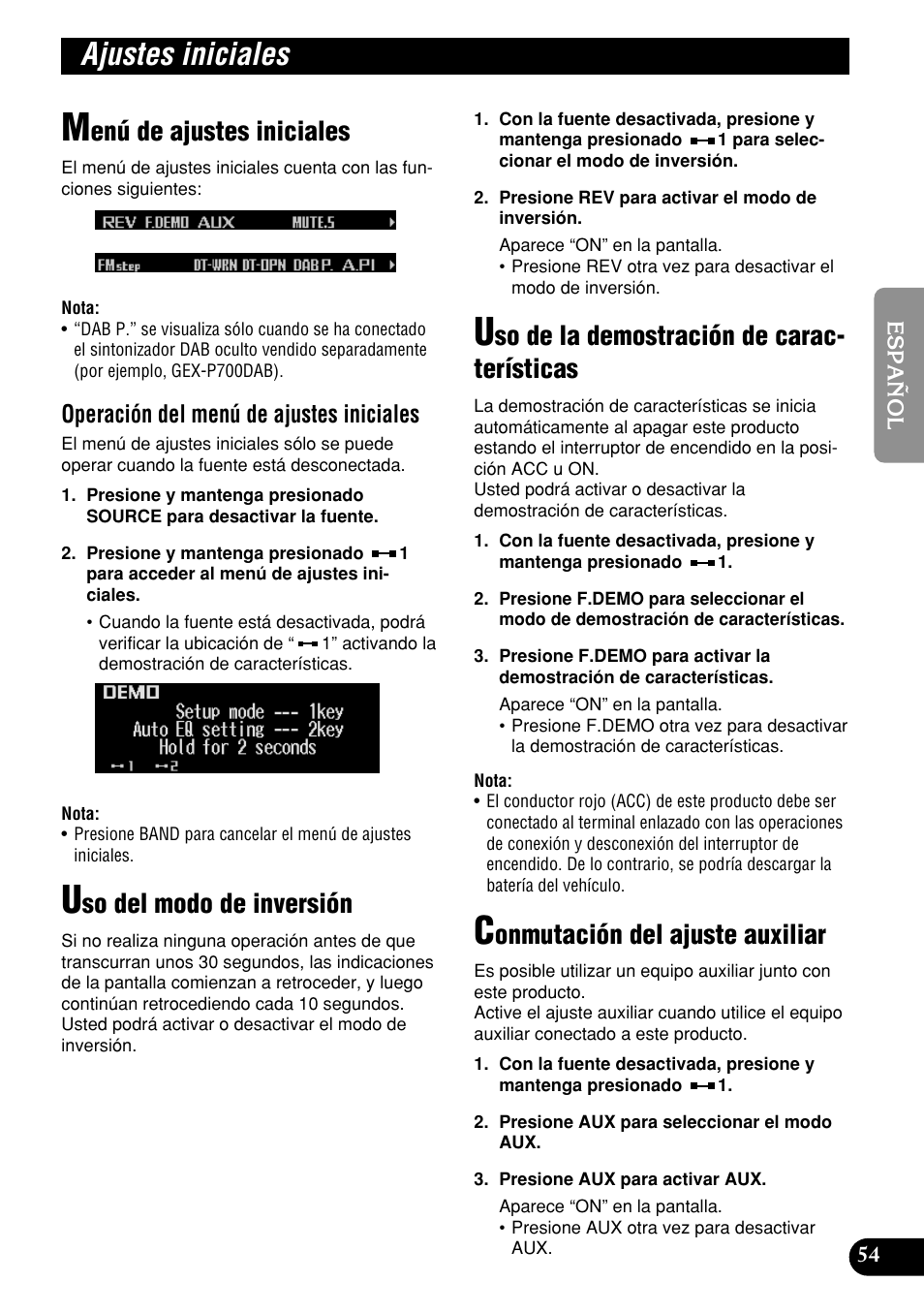 Ajustes iniciales, Enú de ajustes iniciales, So del modo de inversión | So de la demostración de carac- terísticas, Onmutación del ajuste auxiliar, Operación del menú de ajustes iniciales | Pioneer DEH-P9400MP User Manual | Page 123 / 140