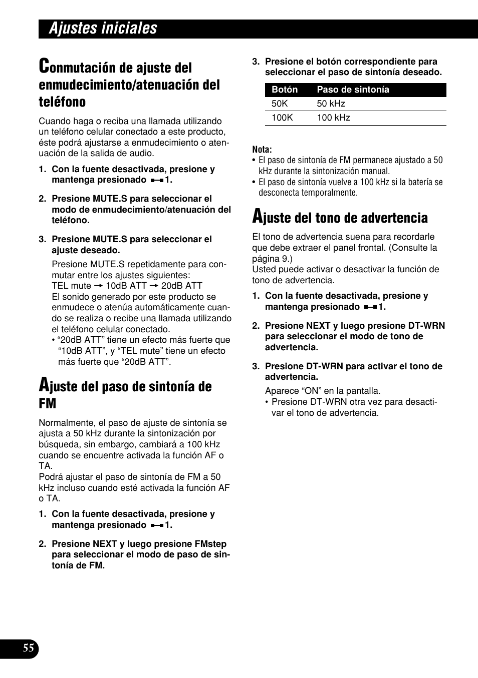 Conmutación de ajuste del enmudecimiento, Atenuación del teléfono, Ajustes iniciales | Juste del paso de sintonía de fm, Juste del tono de advertencia | Pioneer DEH-P9400MP User Manual | Page 124 / 140