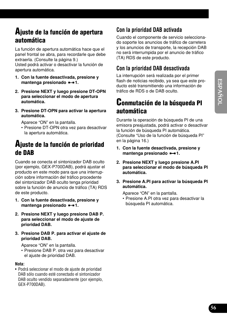 Juste de la función de apertura automática, Juste de la función de prioridad de dab, Onmutación de la búsqueda pi automática | Con la prioridad dab activada, Con la prioridad dab desactivada | Pioneer DEH-P9400MP User Manual | Page 125 / 140