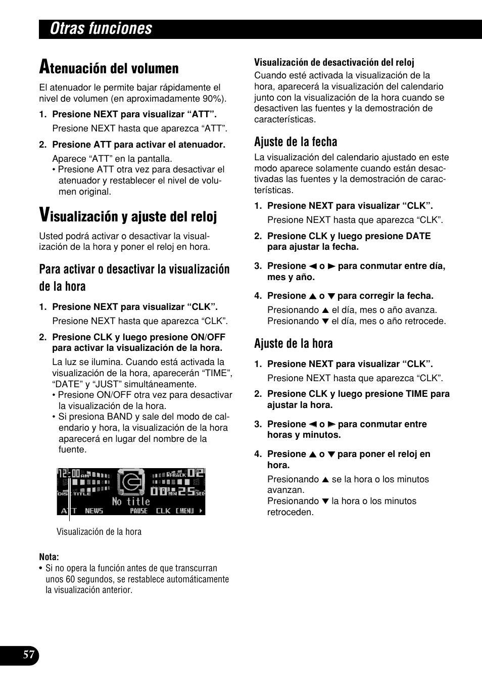 Otras funciones, Tenuación del volumen, Isualización y ajuste del reloj | Ajuste de la fecha, Ajuste de la hora | Pioneer DEH-P9400MP User Manual | Page 126 / 140