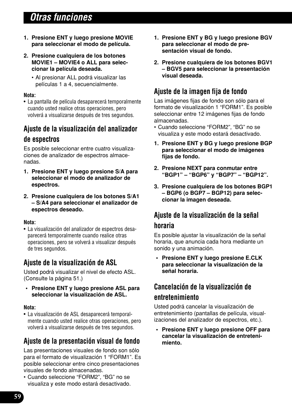 Otras funciones, Ajuste de la visualización de asl, Ajuste de la presentación visual de fondo | Ajuste de la imagen fija de fondo, Ajuste de la visualización de la señal horaria, Cancelación de la visualización de entretenimiento | Pioneer DEH-P9400MP User Manual | Page 128 / 140