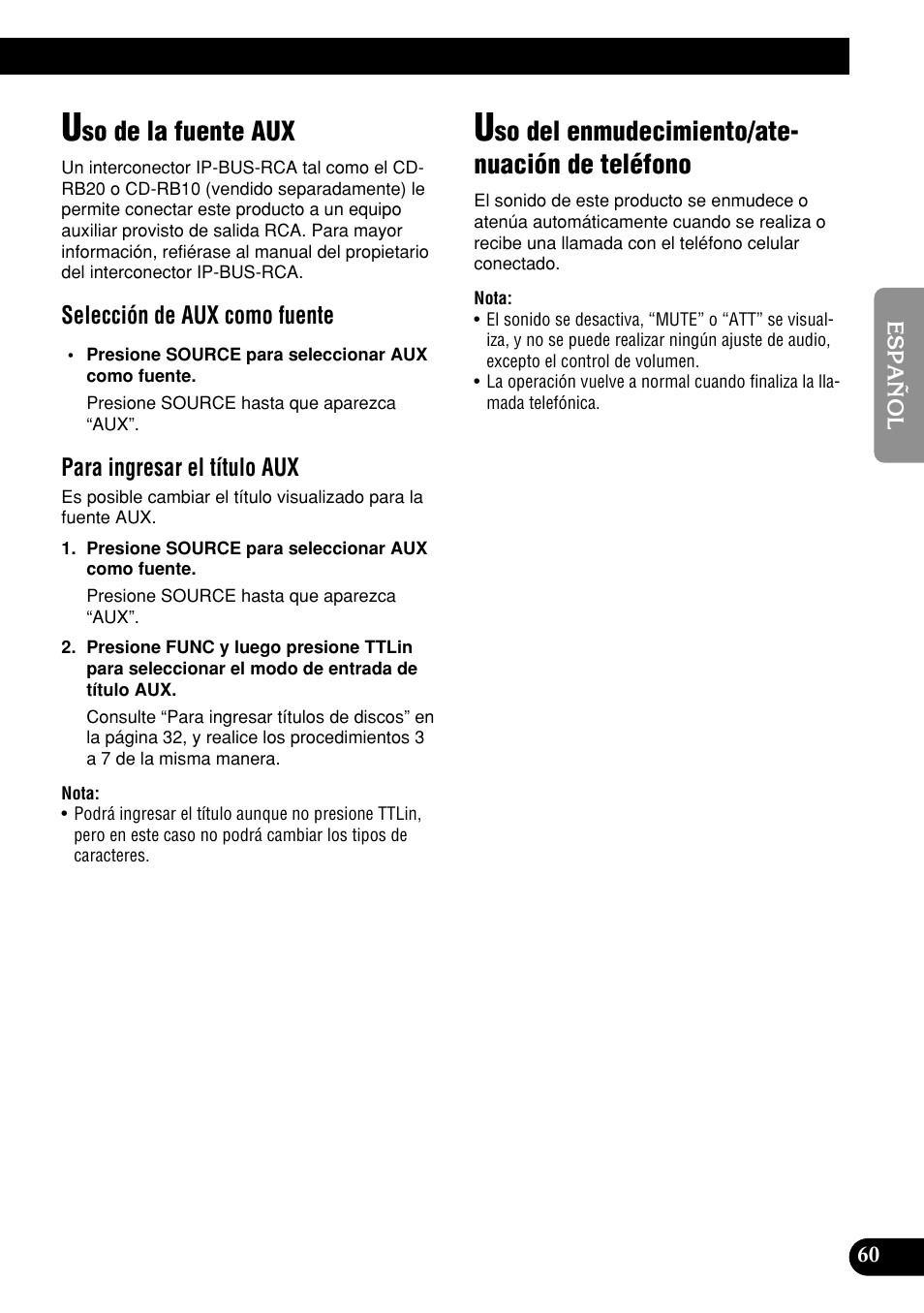 De teléfono, So de la fuente aux, So del enmudecimiento/ate- nuación de teléfono | Selección de aux como fuente, Para ingresar el título aux | Pioneer DEH-P9400MP User Manual | Page 129 / 140