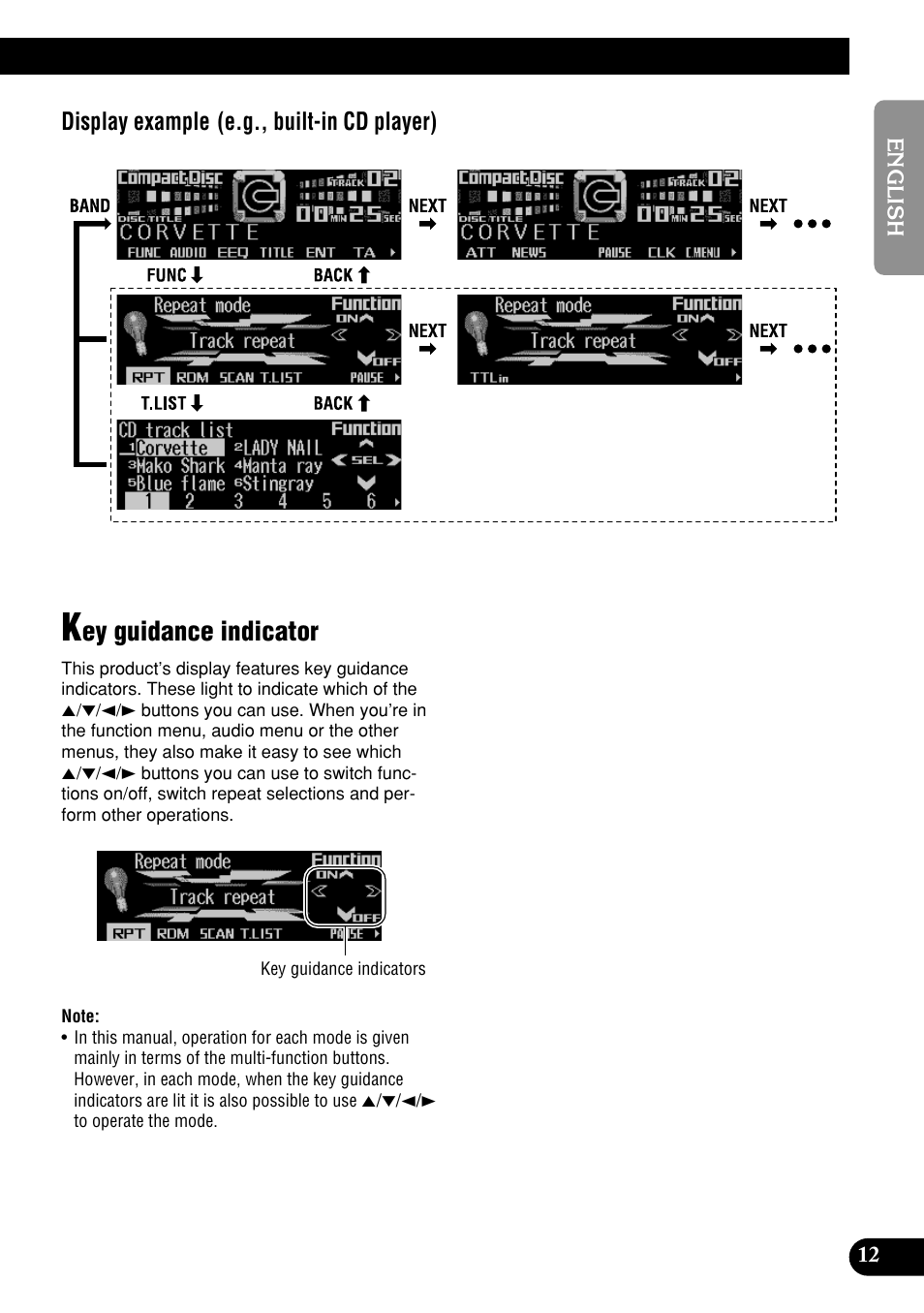 Key guidance indicator, Ey guidance indicator, Display example (e.g., built-in cd player) | Pioneer DEH-P9400MP User Manual | Page 13 / 140