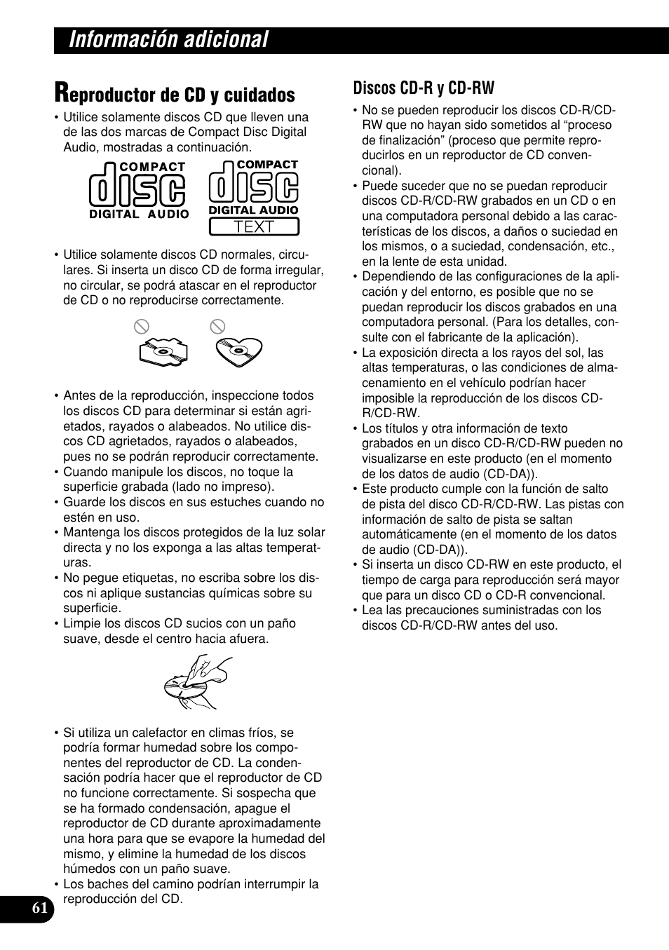 Información adicional, Reproductor de cd y cuidados, Eproductor de cd y cuidados | Discos cd-r y cd-rw | Pioneer DEH-P9400MP User Manual | Page 130 / 140
