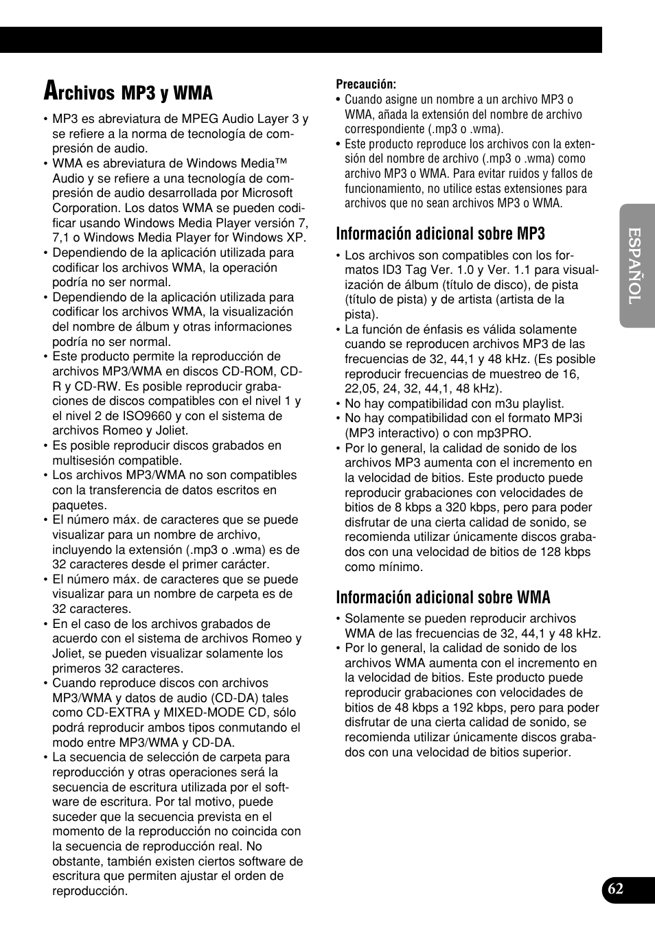 Archivos mp3 y wma, Rchivos mp3 y wma, Información adicional sobre mp3 | Información adicional sobre wma | Pioneer DEH-P9400MP User Manual | Page 131 / 140