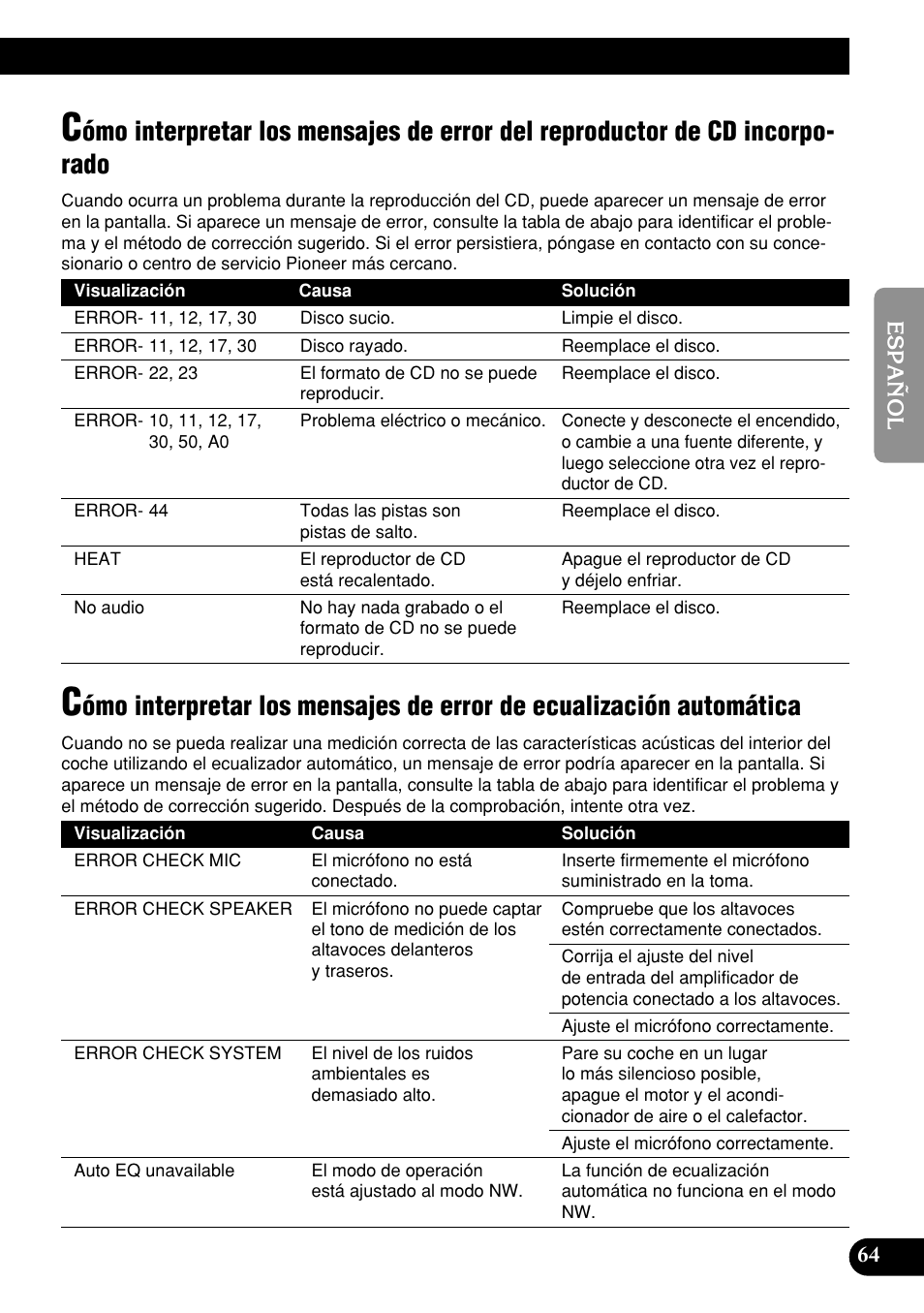 Cómo interpretar los mensajes de error, Del reproductor de cd incorporado, De ecualización automática | Pioneer DEH-P9400MP User Manual | Page 133 / 140