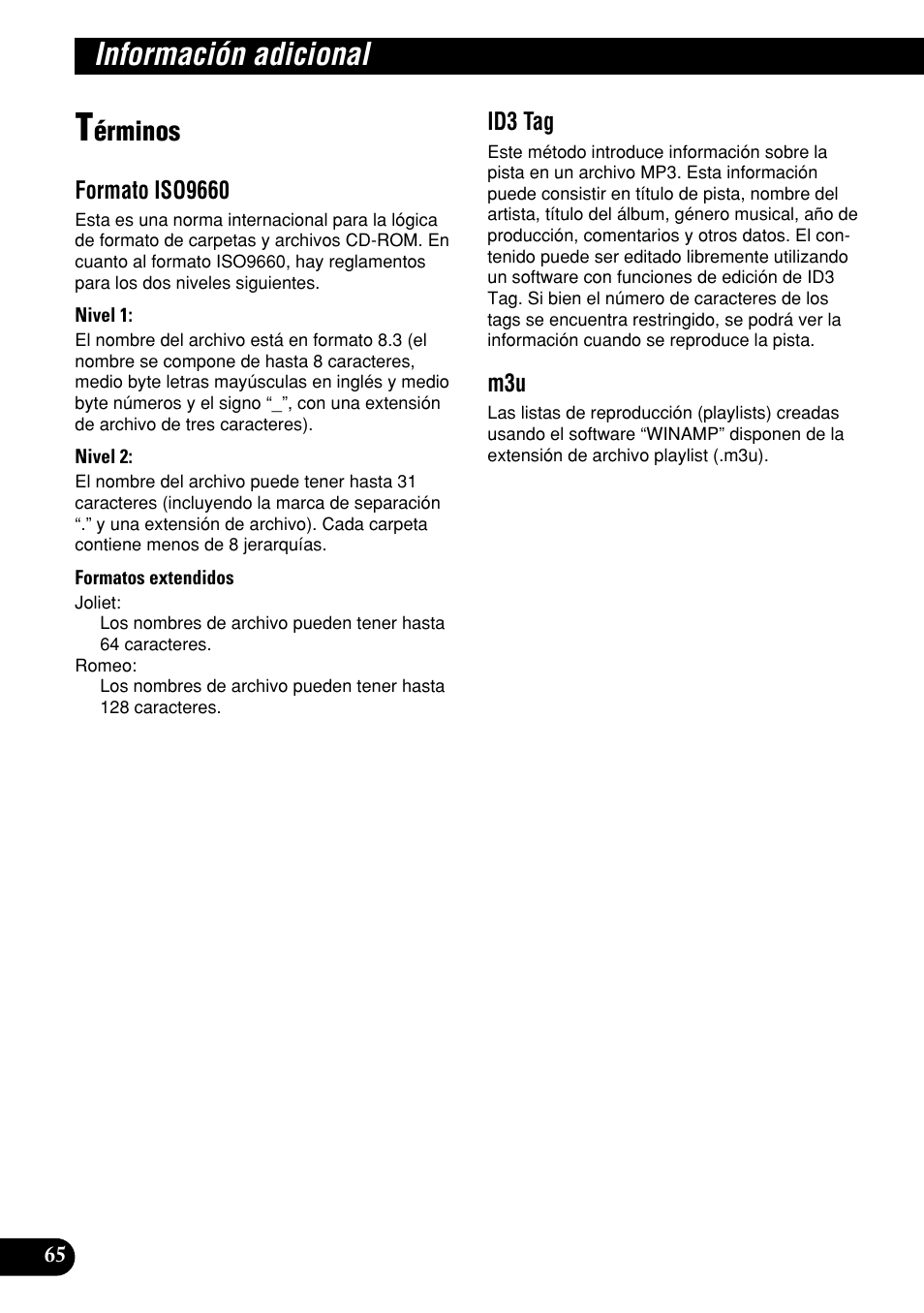 Términos, Información adicional, Érminos | Pioneer DEH-P9400MP User Manual | Page 134 / 140