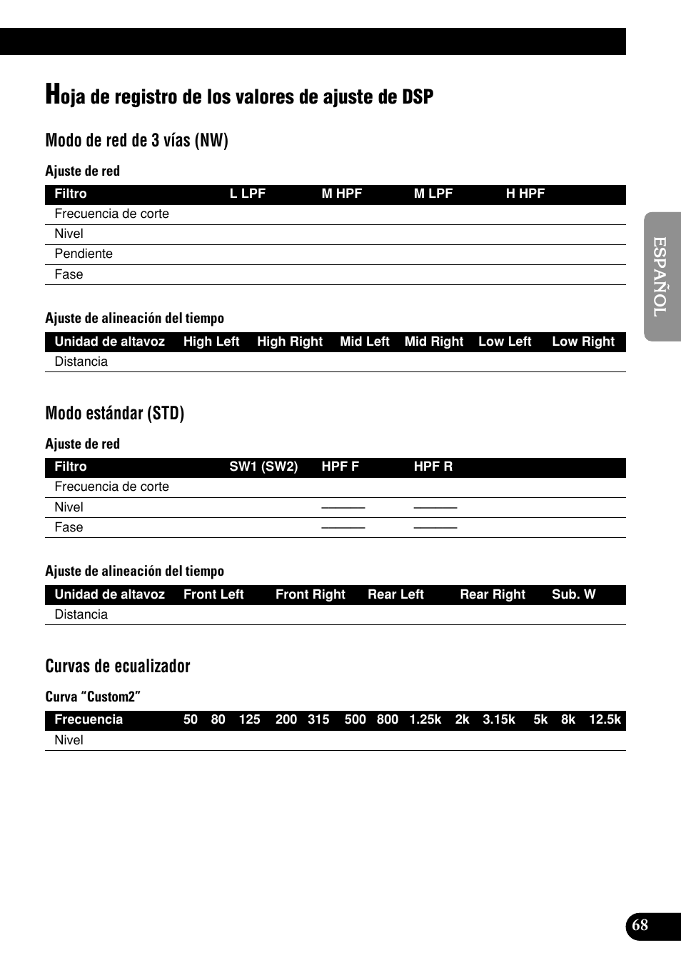 Hoja de registro de los valores de ajuste, De dsp, Oja de registro de los valores de ajuste de dsp | Modo de red de 3 vías (nw), Modo estándar (std), Curvas de ecualizador | Pioneer DEH-P9400MP User Manual | Page 137 / 140