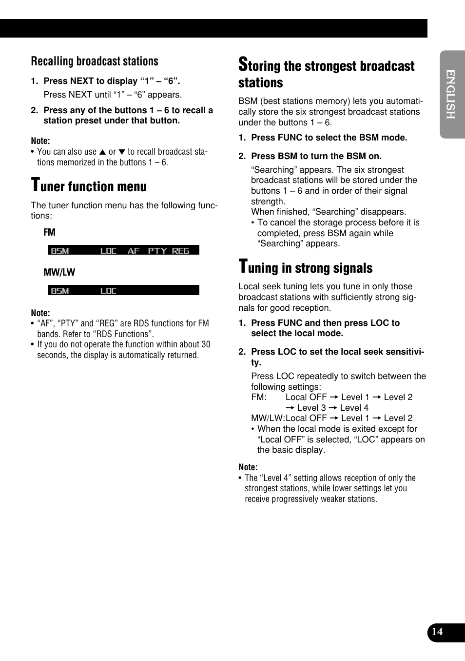 Uner function menu, Toring the strongest broadcast stations, Uning in strong signals | Recalling broadcast stations | Pioneer DEH-P9400MP User Manual | Page 15 / 140