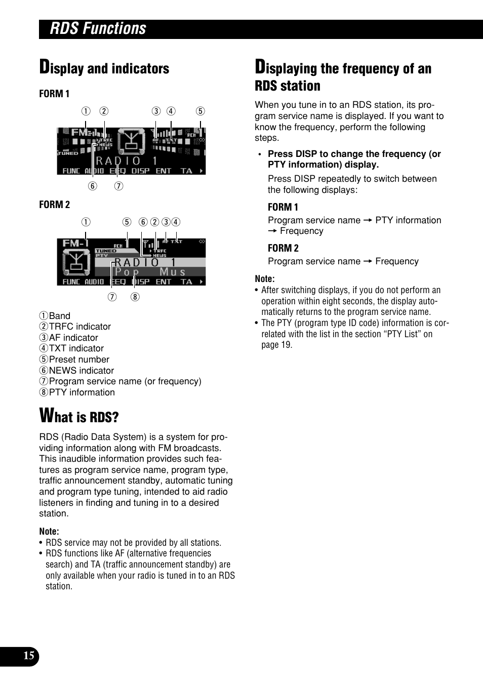 Rds functions, Isplay and indicators, Hat is rds | Isplaying the frequency of an rds station | Pioneer DEH-P9400MP User Manual | Page 16 / 140