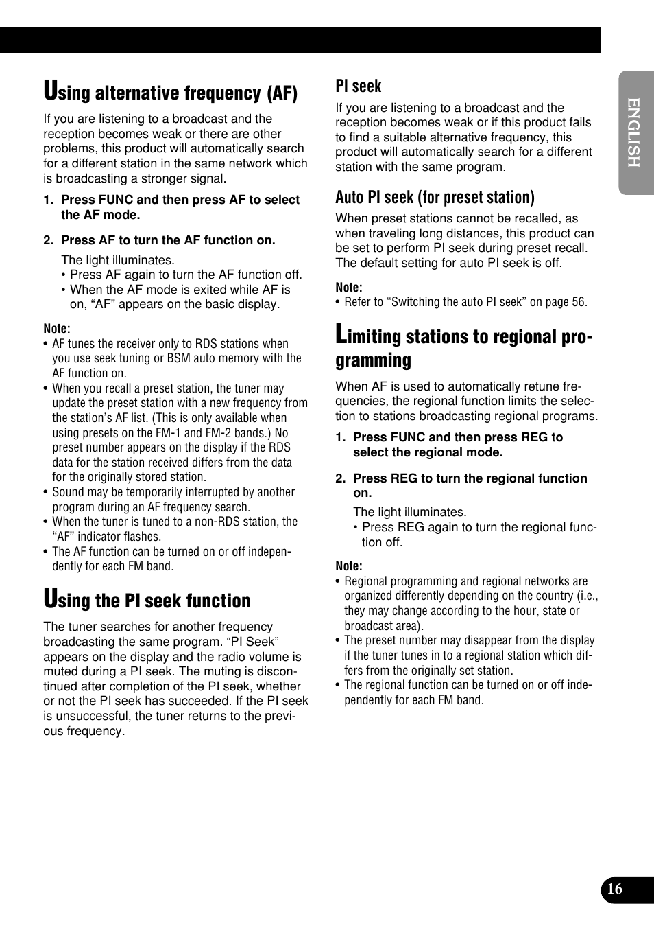 Sing alternative frequency (af), Sing the pi seek function, Imiting stations to regional pro- gramming | Pi seek, Auto pi seek (for preset station) | Pioneer DEH-P9400MP User Manual | Page 17 / 140