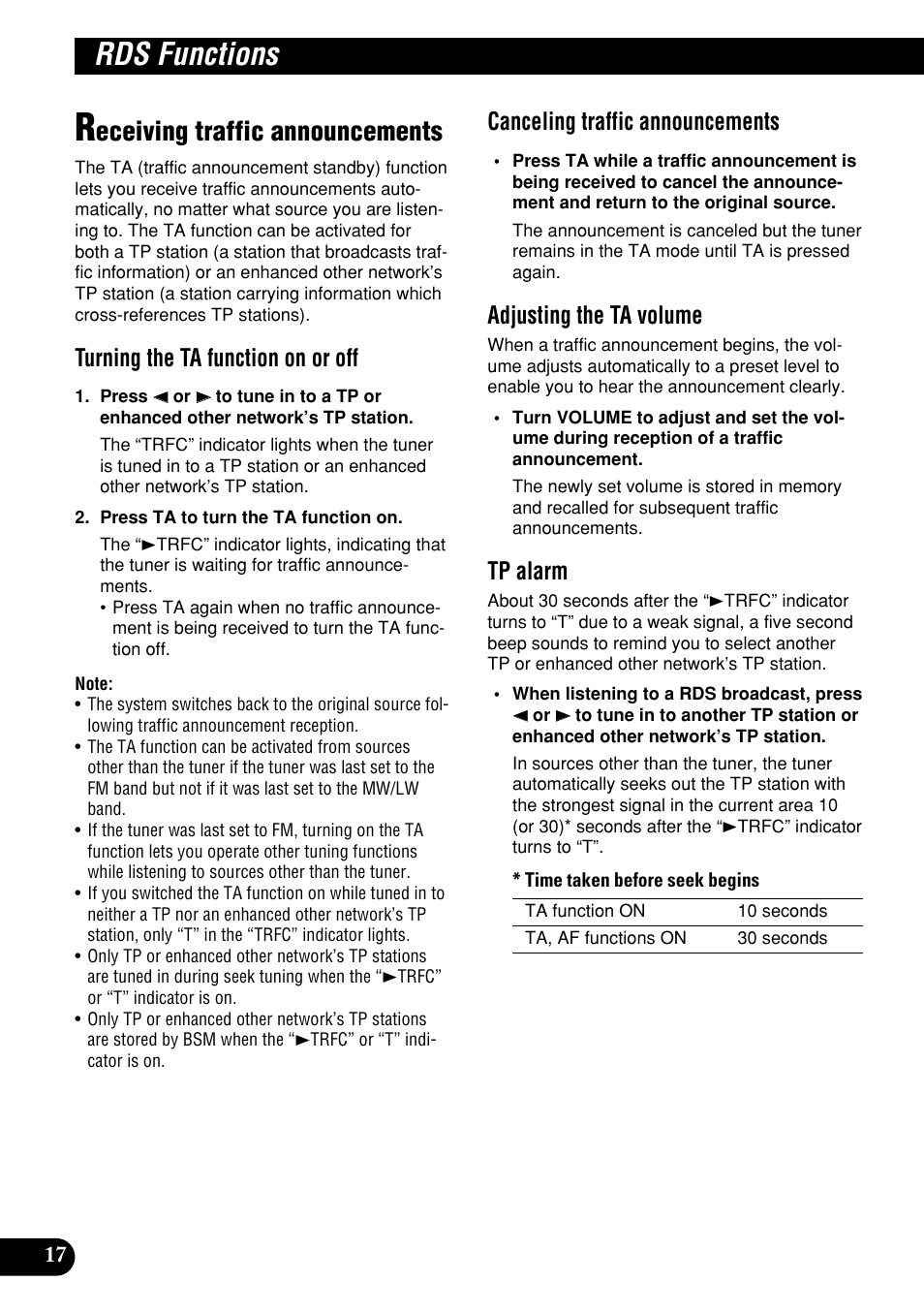 Receiving traffic announcements, Rds functions, Eceiving traffic announcements | Turning the ta function on or off, Canceling traffic announcements, Adjusting the ta volume, Tp alarm | Pioneer DEH-P9400MP User Manual | Page 18 / 140