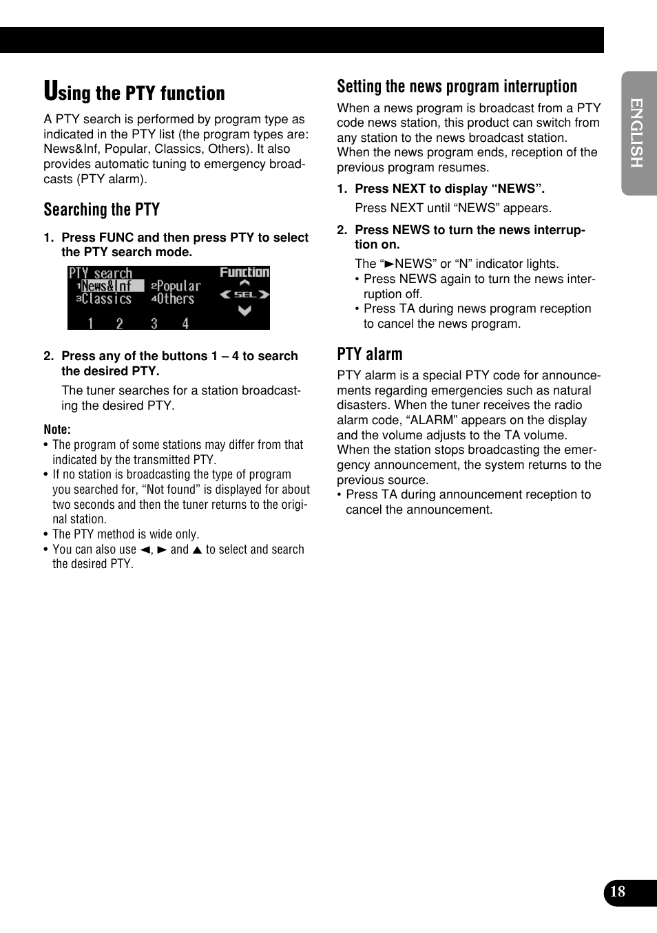 Using the pty function, Sing the pty function, Searching the pty | Setting the news program interruption, Pty alarm | Pioneer DEH-P9400MP User Manual | Page 19 / 140