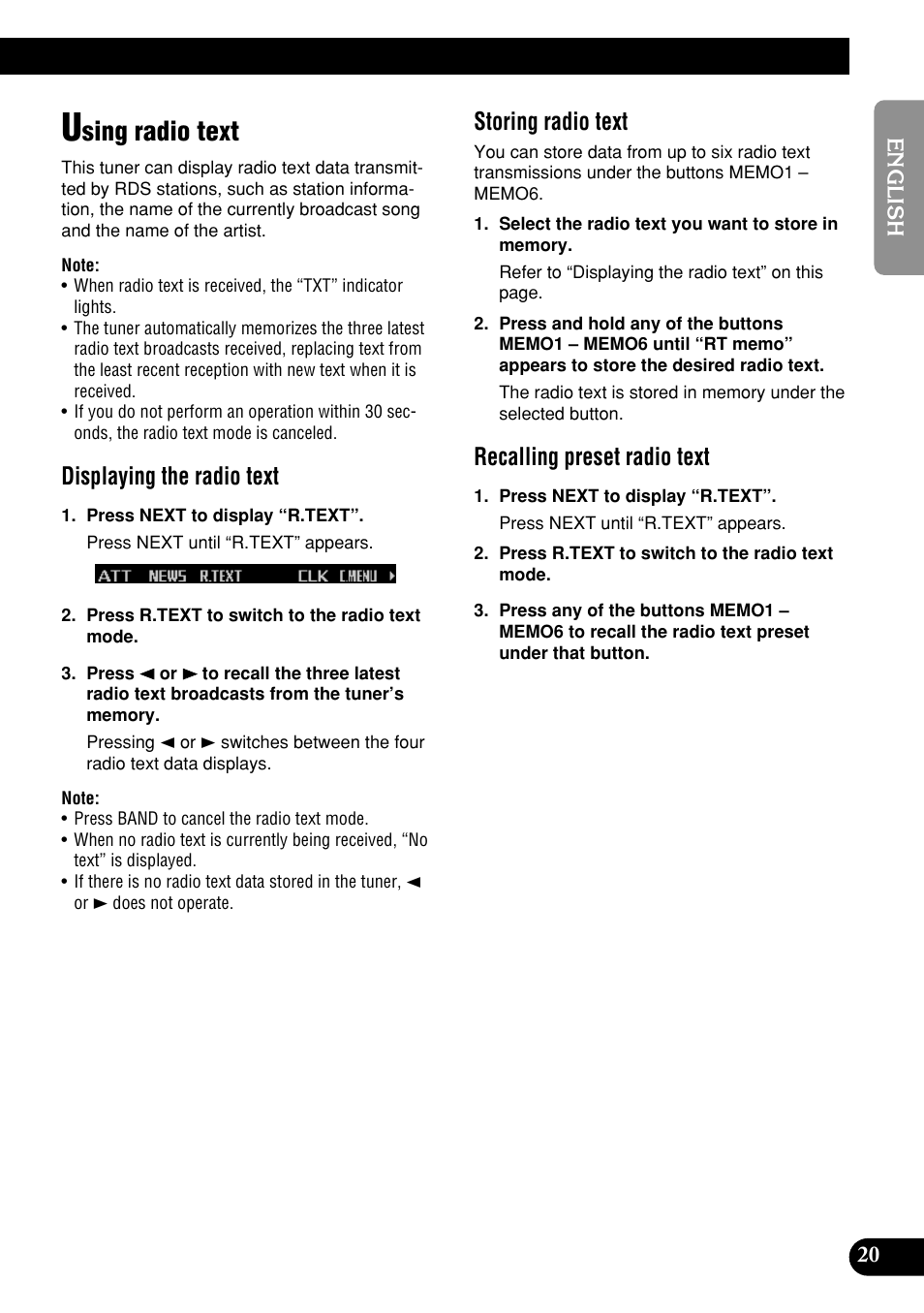 Using radio text, Sing radio text, Displaying the radio text | Storing radio text, Recalling preset radio text | Pioneer DEH-P9400MP User Manual | Page 21 / 140