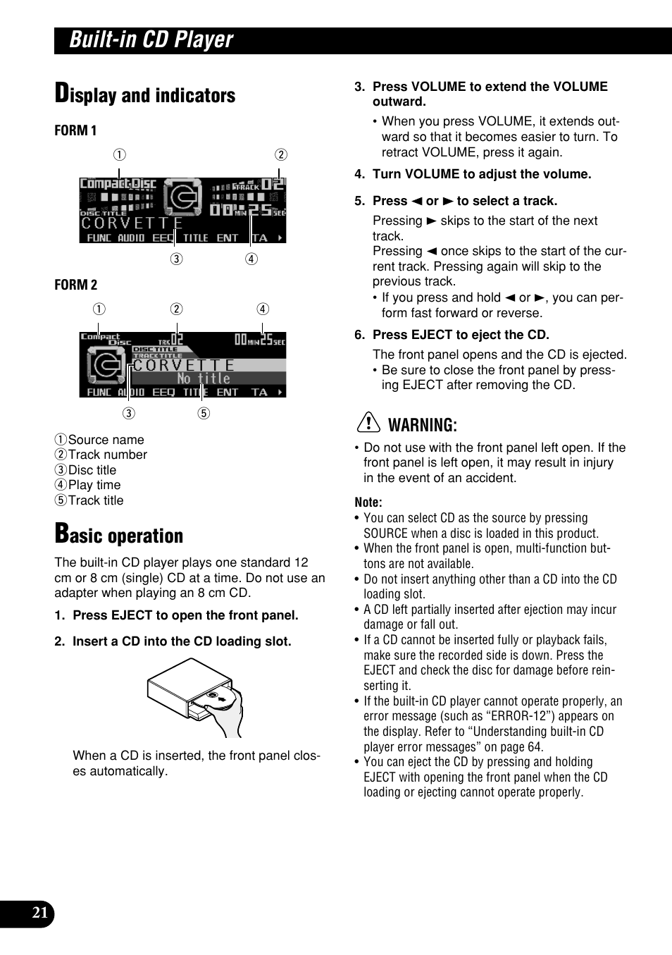 Built-in cd player, Display and indicators basic operation, Isplay and indicators | Asic operation, Warning | Pioneer DEH-P9400MP User Manual | Page 22 / 140