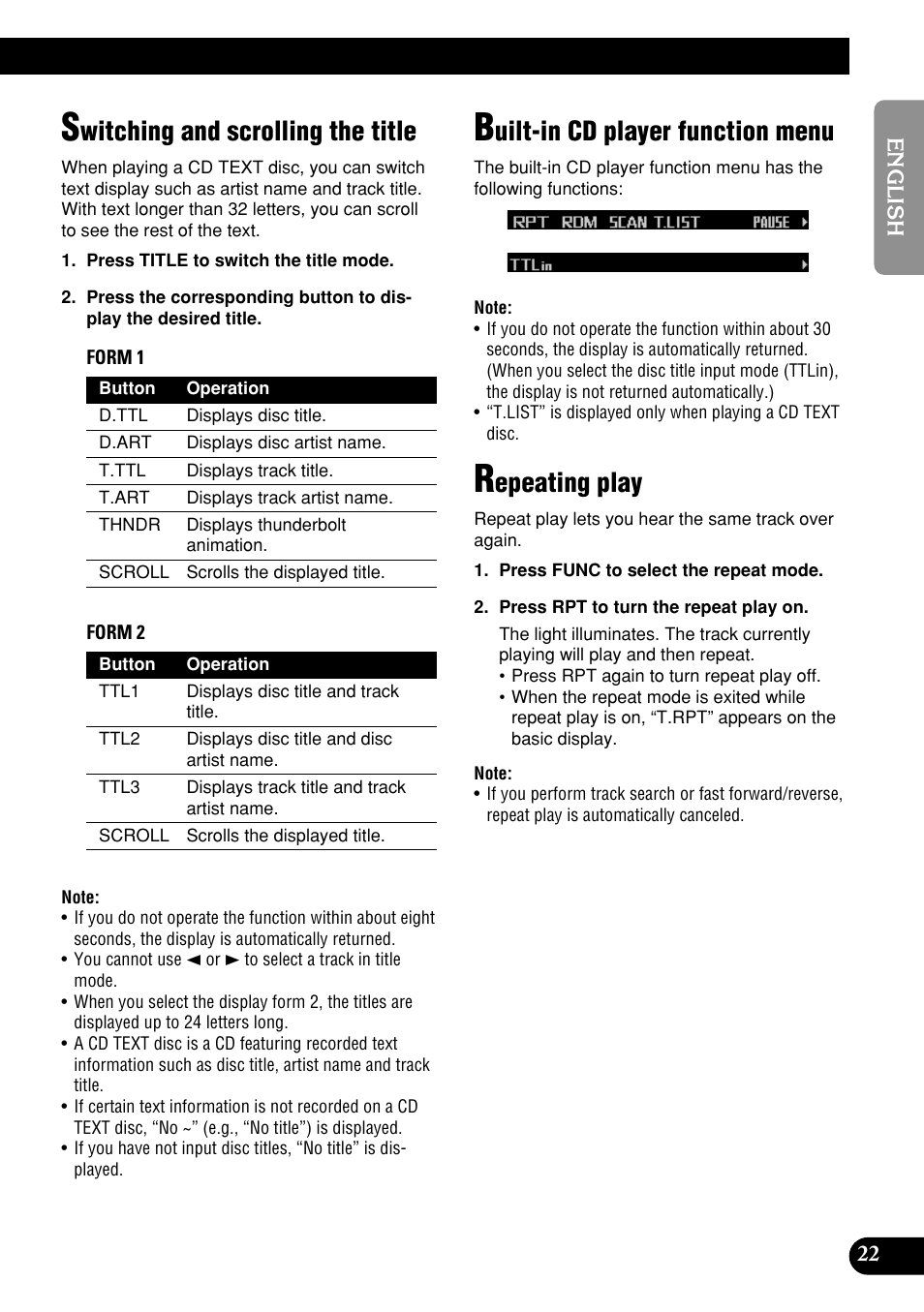 Witching and scrolling the title, Uilt-in cd player function menu, Epeating play | Pioneer DEH-P9400MP User Manual | Page 23 / 140