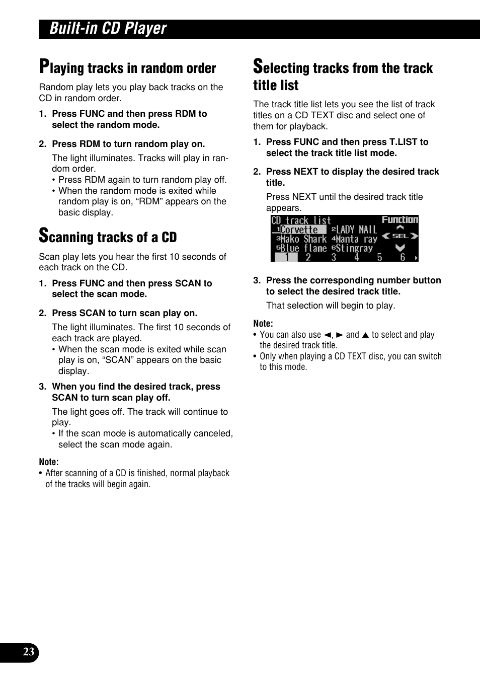 Built-in cd player, Laying tracks in random order, Canning tracks of a cd | Electing tracks from the track title list | Pioneer DEH-P9400MP User Manual | Page 24 / 140