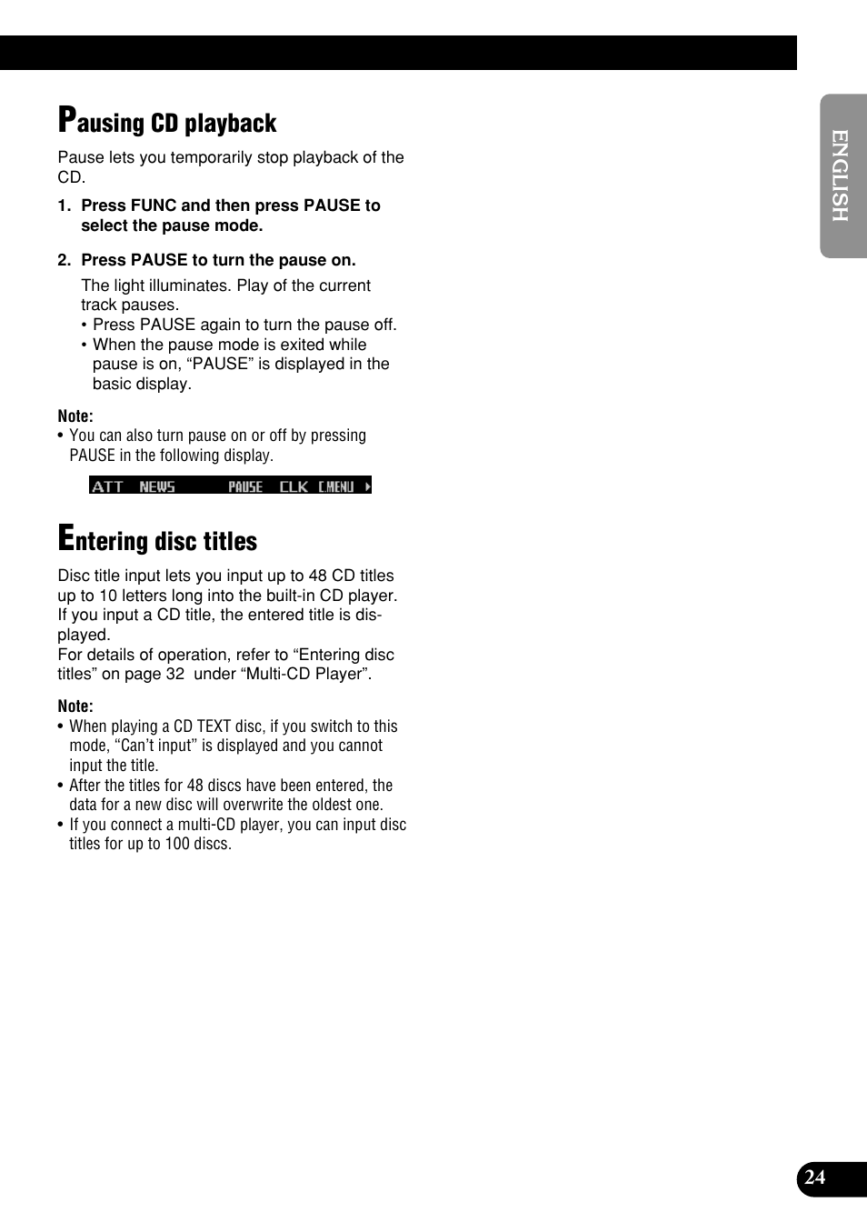 Pausing cd playback entering disc titles, Ausing cd playback, Ntering disc titles | Pioneer DEH-P9400MP User Manual | Page 25 / 140