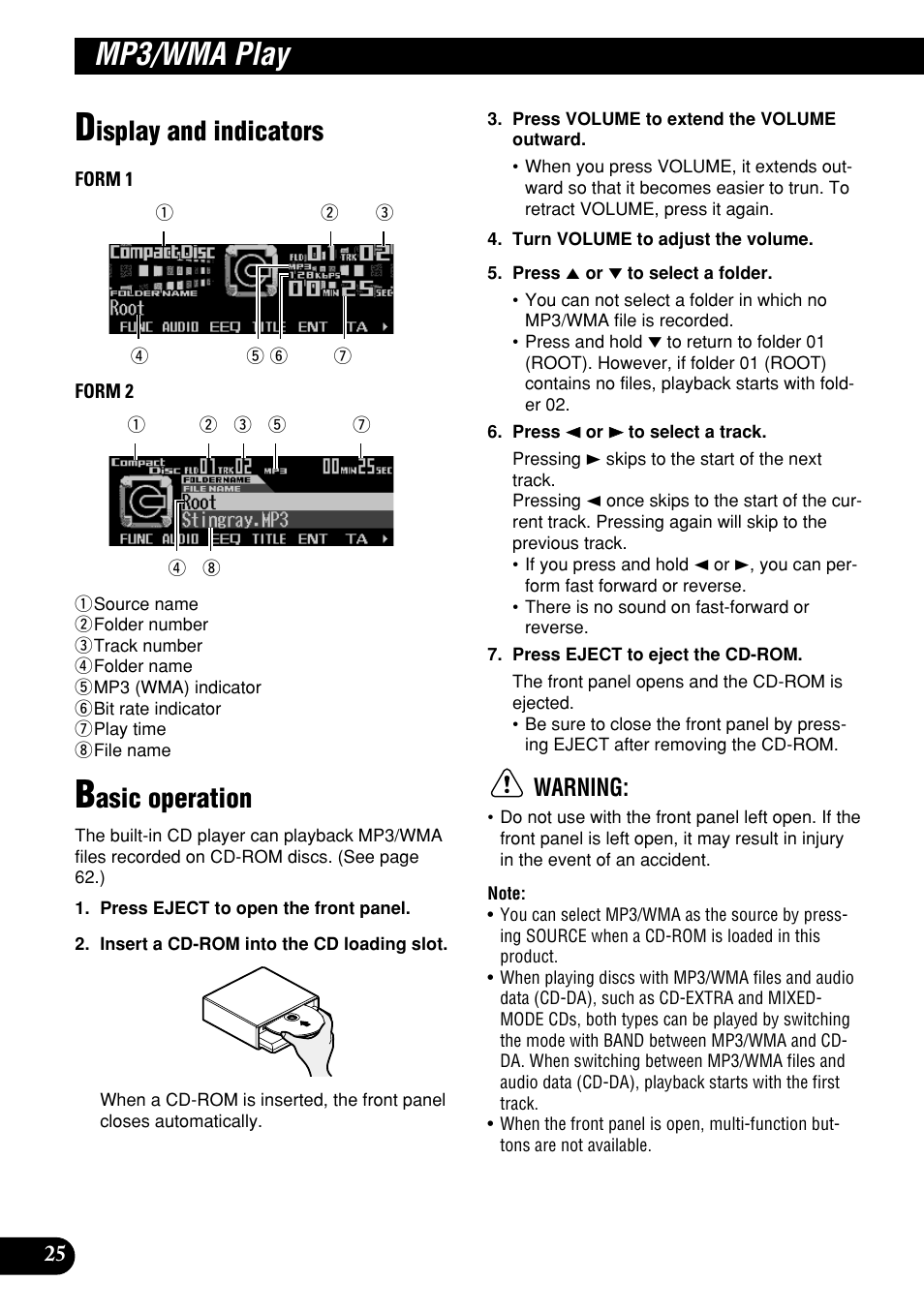 Mp3/wma play, Display and indicators basic operation, Isplay and indicators | Asic operation, Warning | Pioneer DEH-P9400MP User Manual | Page 26 / 140