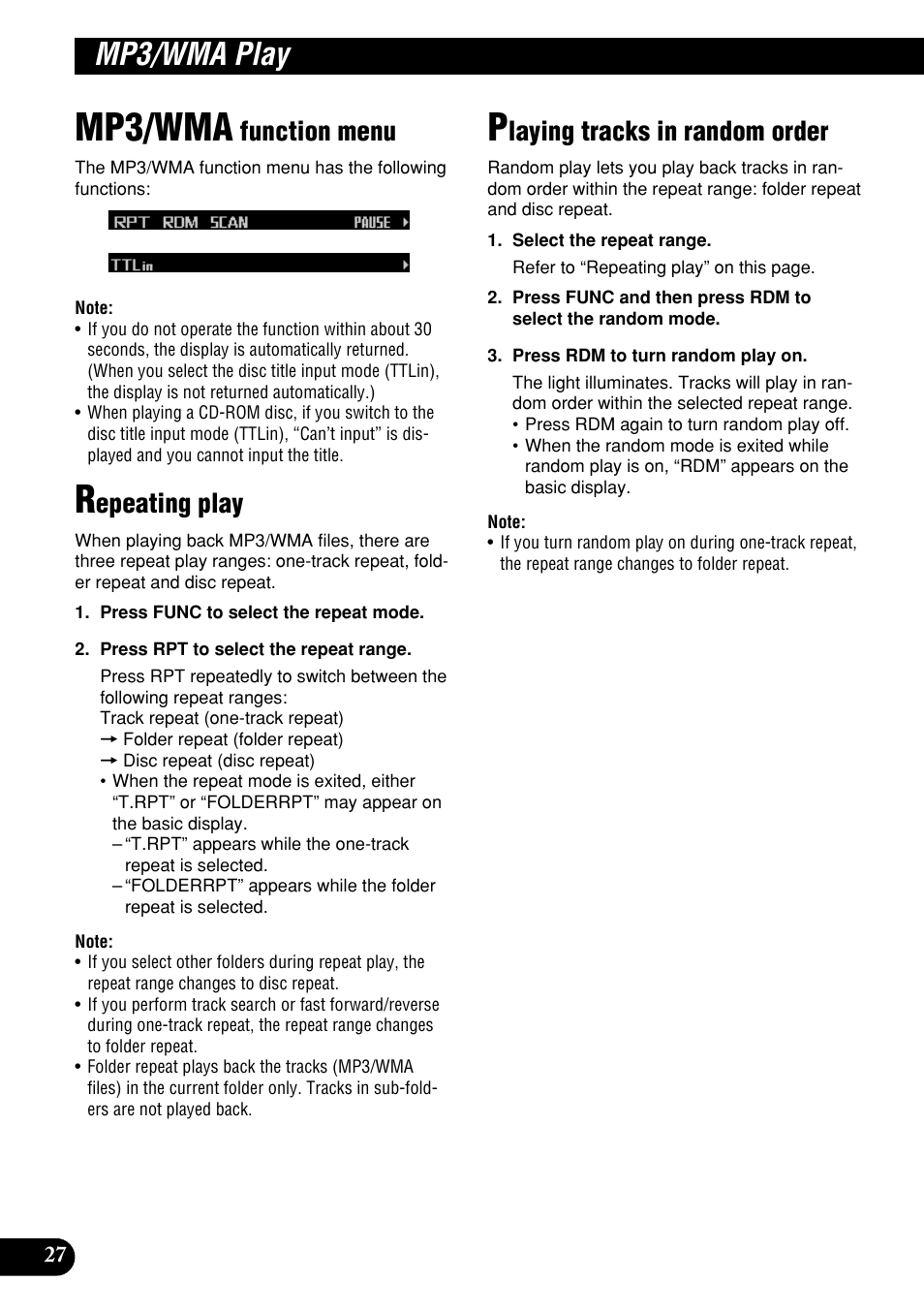 Mp3/wma, Mp3/wma play, Function menu | Epeating play, Laying tracks in random order | Pioneer DEH-P9400MP User Manual | Page 28 / 140