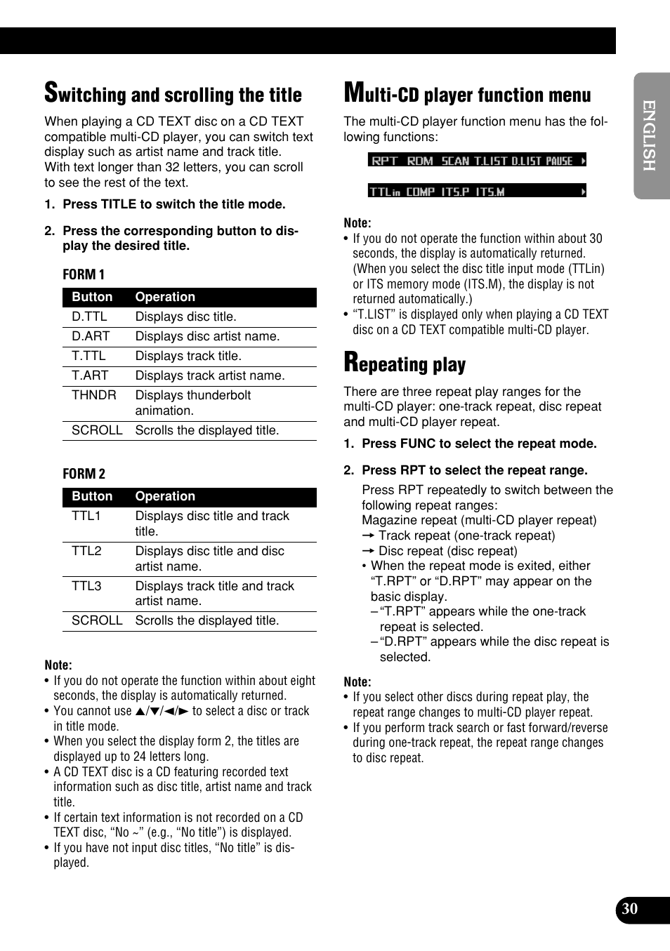 Witching and scrolling the title, Ulti-cd player function menu, Epeating play | Pioneer DEH-P9400MP User Manual | Page 31 / 140