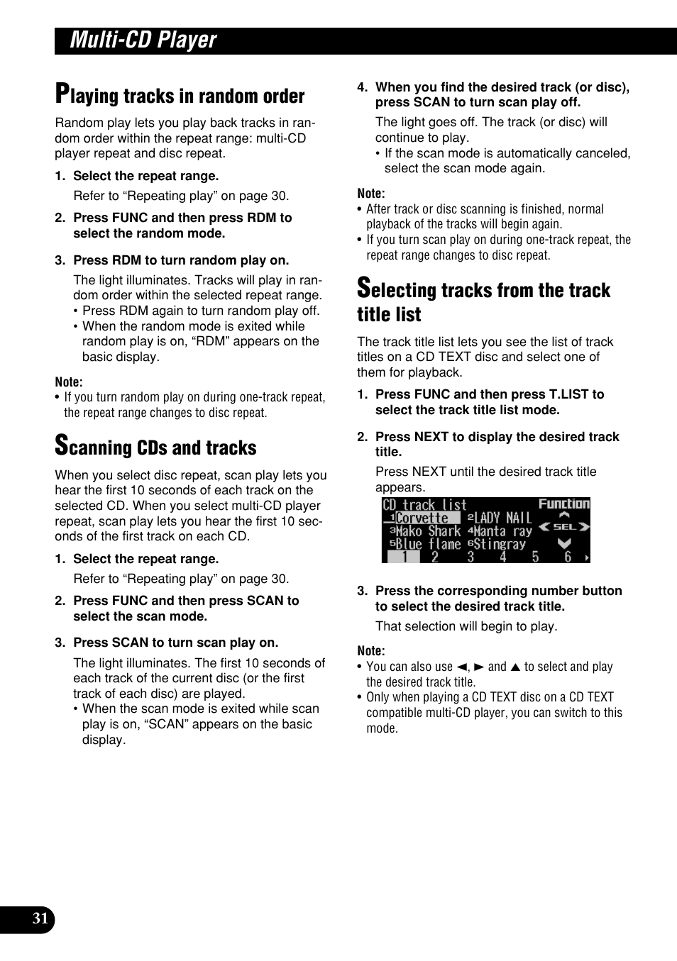 Multi-cd player, Laying tracks in random order, Canning cds and tracks | Electing tracks from the track title list | Pioneer DEH-P9400MP User Manual | Page 32 / 140