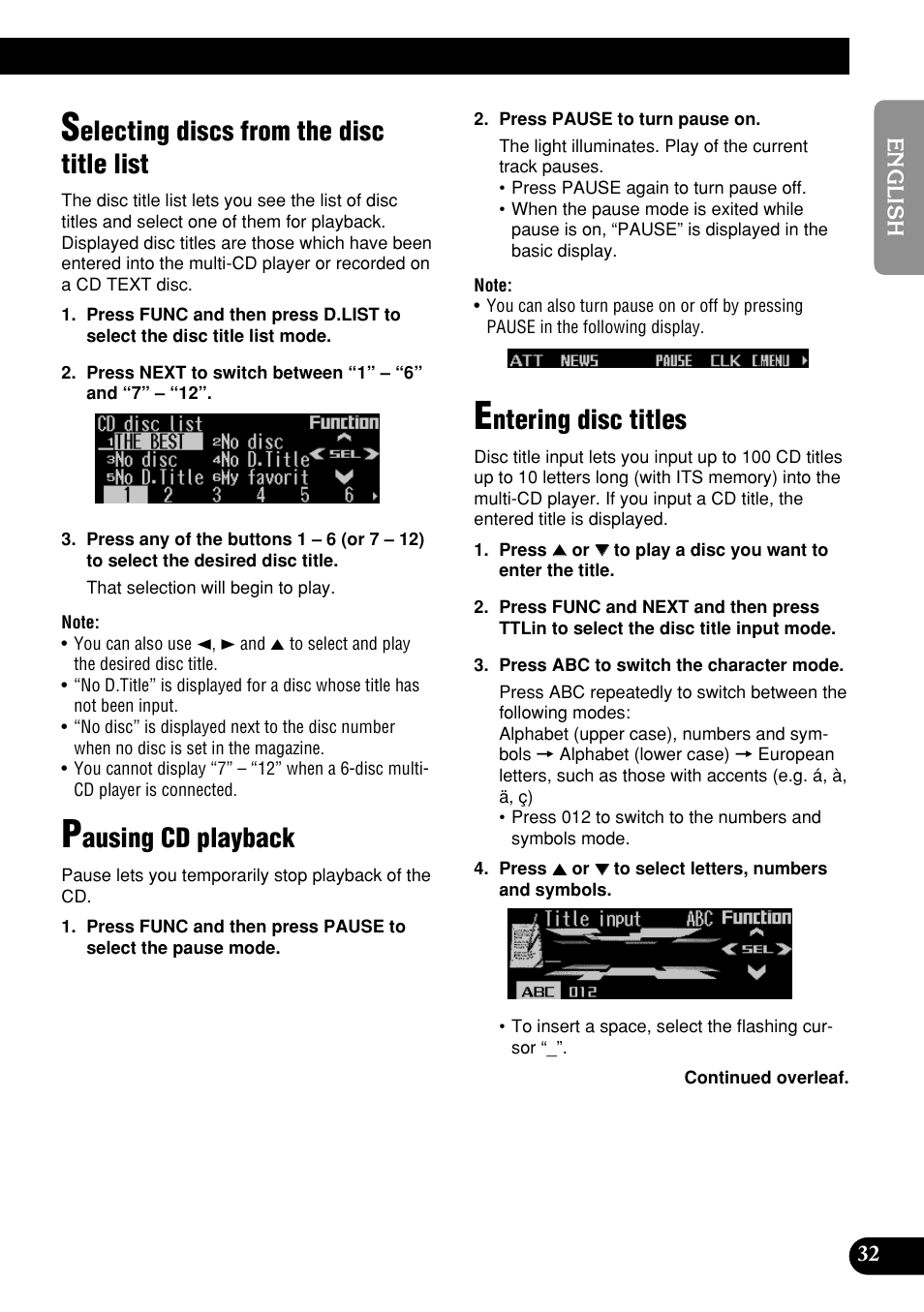 Electing discs from the disc title list, Ausing cd playback, Ntering disc titles | Pioneer DEH-P9400MP User Manual | Page 33 / 140