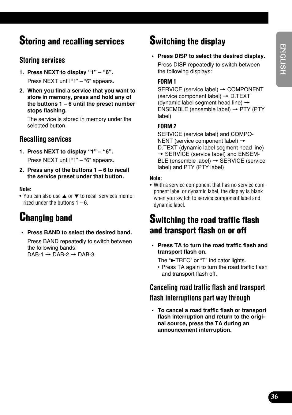 Flash on or off, Toring and recalling services, Hanging band | Witching the display, Storing services, Recalling services | Pioneer DEH-P9400MP User Manual | Page 37 / 140