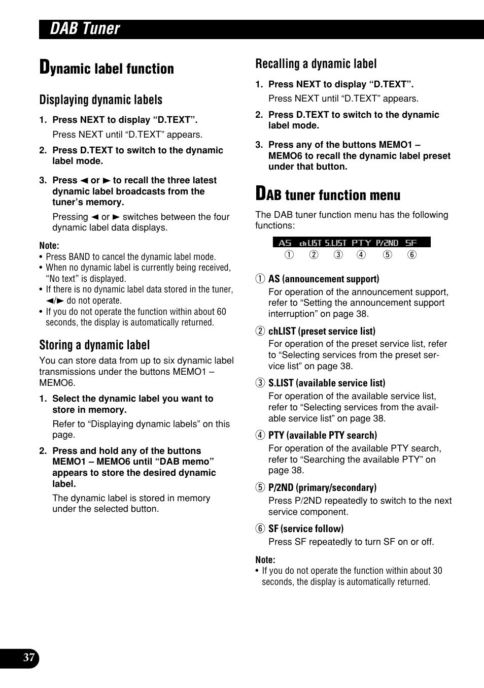 Dynamic label function dab tuner function menu, Dab tuner, Ynamic label function | Ab tuner function menu, Displaying dynamic labels, Storing a dynamic label, Recalling a dynamic label | Pioneer DEH-P9400MP User Manual | Page 38 / 140