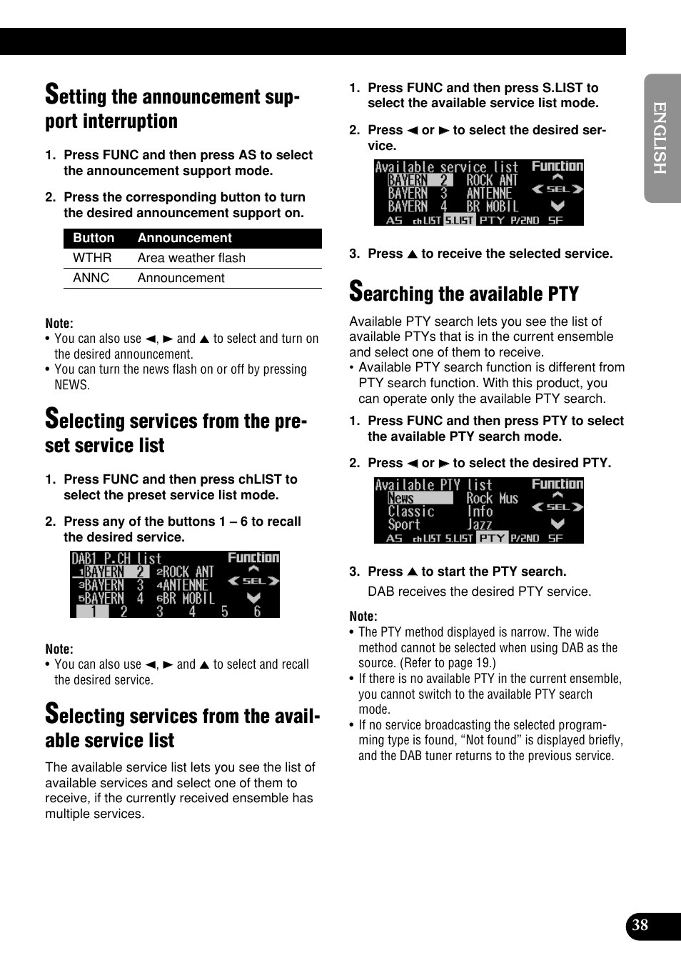 Setting the announcement support, Interruption, Selecting services from the preset | Service list, Selecting services from the available, Searching the available pty, Etting the announcement sup- port interruption, Electing services from the pre- set service list, Earching the available pty | Pioneer DEH-P9400MP User Manual | Page 39 / 140