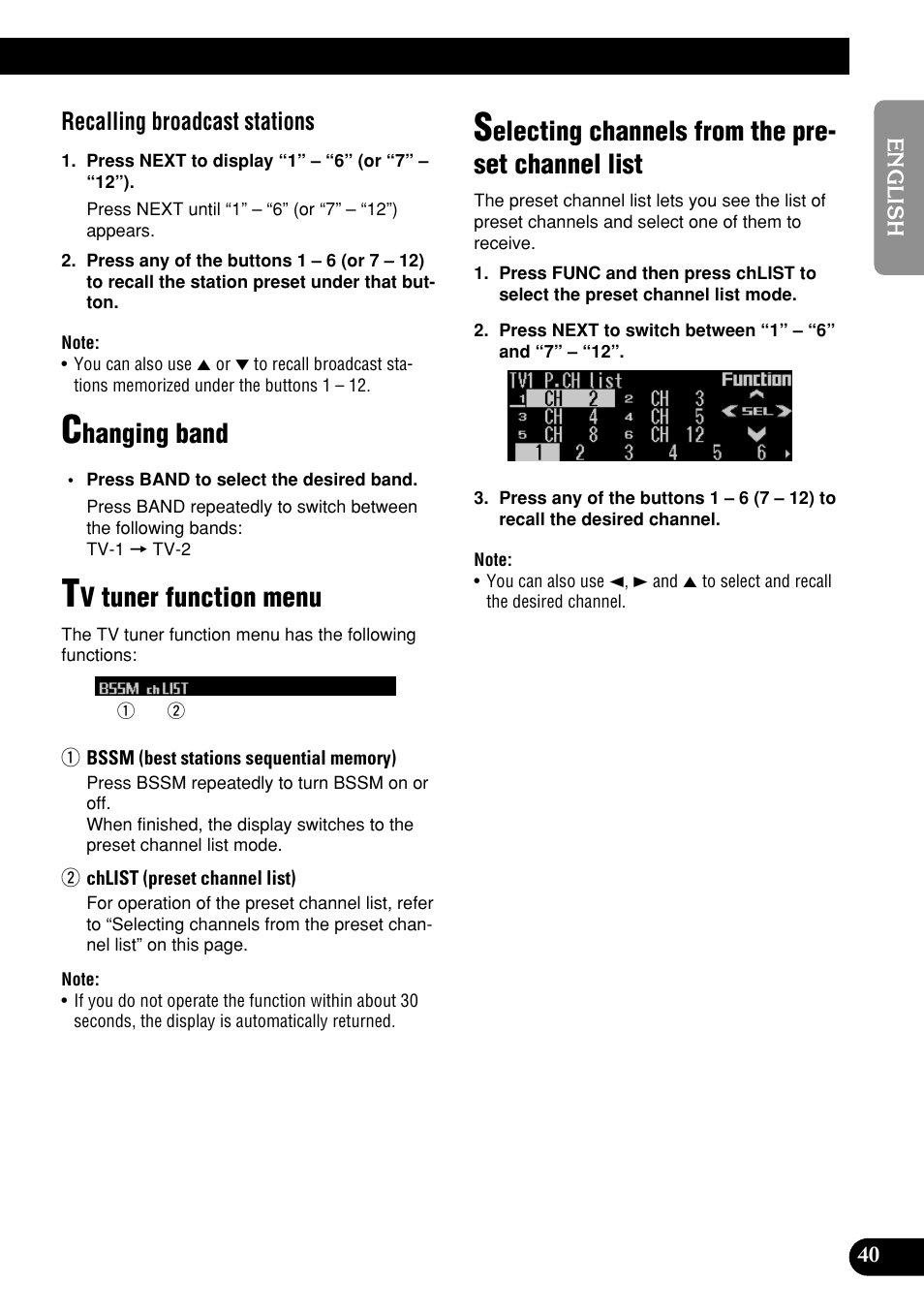 Channel list, Hanging band, V tuner function menu | Electing channels from the pre- set channel list, Recalling broadcast stations | Pioneer DEH-P9400MP User Manual | Page 41 / 140