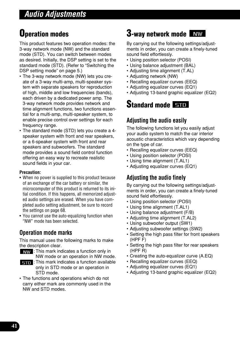 Audio adjustments, Operation modes 3-way network mode standard mode, Peration modes | Way network mode, Tandard mode | Pioneer DEH-P9400MP User Manual | Page 42 / 140