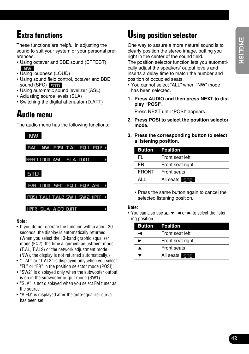 Extra functions audio menu using position selector, Xtra functions, Udio menu | Sing position selector | Pioneer DEH-P9400MP User Manual | Page 43 / 140