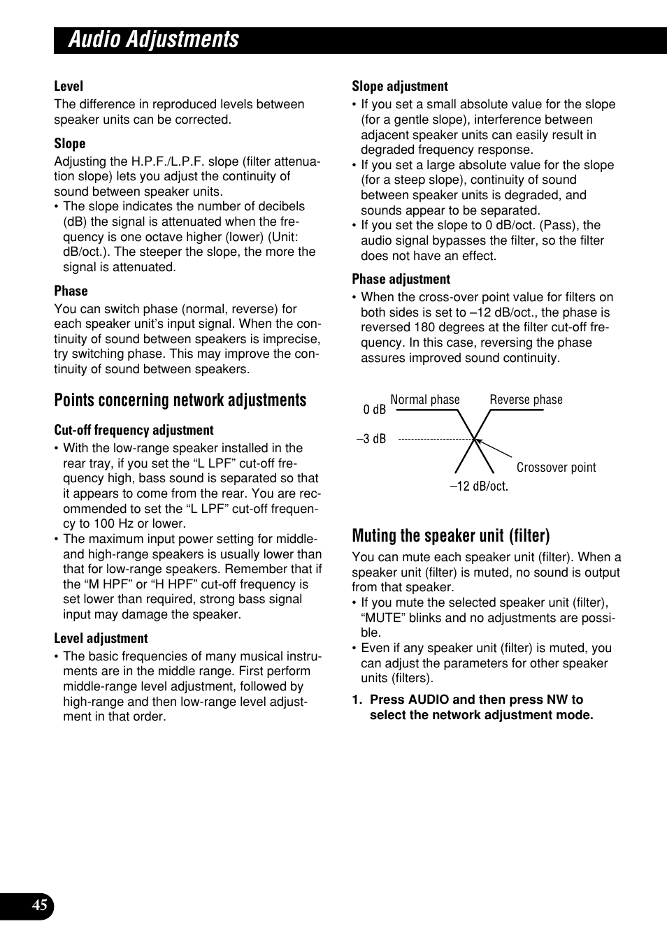 Audio adjustments, Points concerning network adjustments, Muting the speaker unit (filter) | Pioneer DEH-P9400MP User Manual | Page 46 / 140