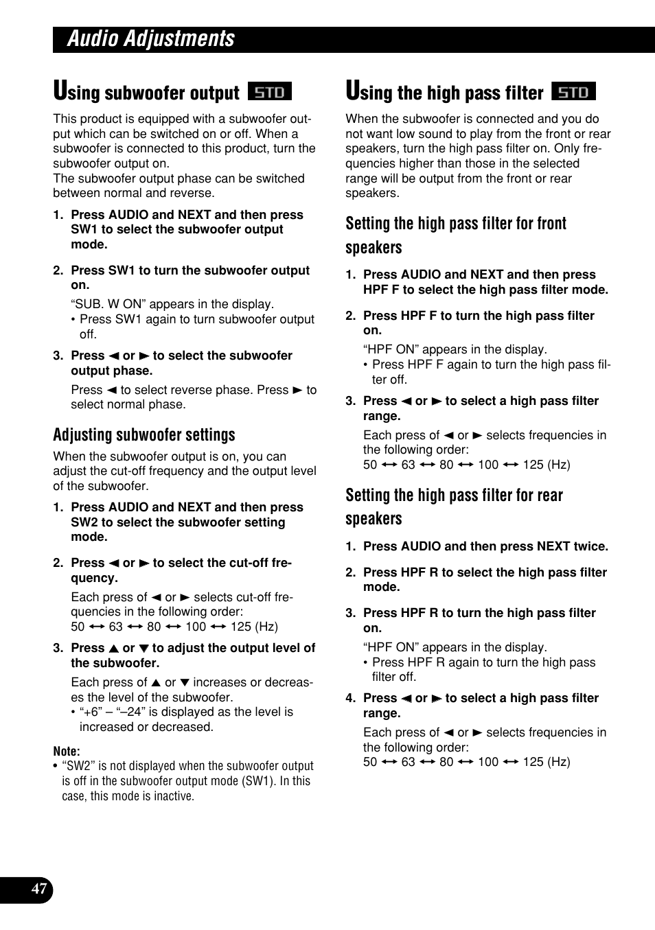 Using subwoofer output using the high pass filter, Audio adjustments, Sing subwoofer output | Sing the high pass filter, Adjusting subwoofer settings, Setting the high pass filter for front speakers, Setting the high pass filter for rear speakers | Pioneer DEH-P9400MP User Manual | Page 48 / 140