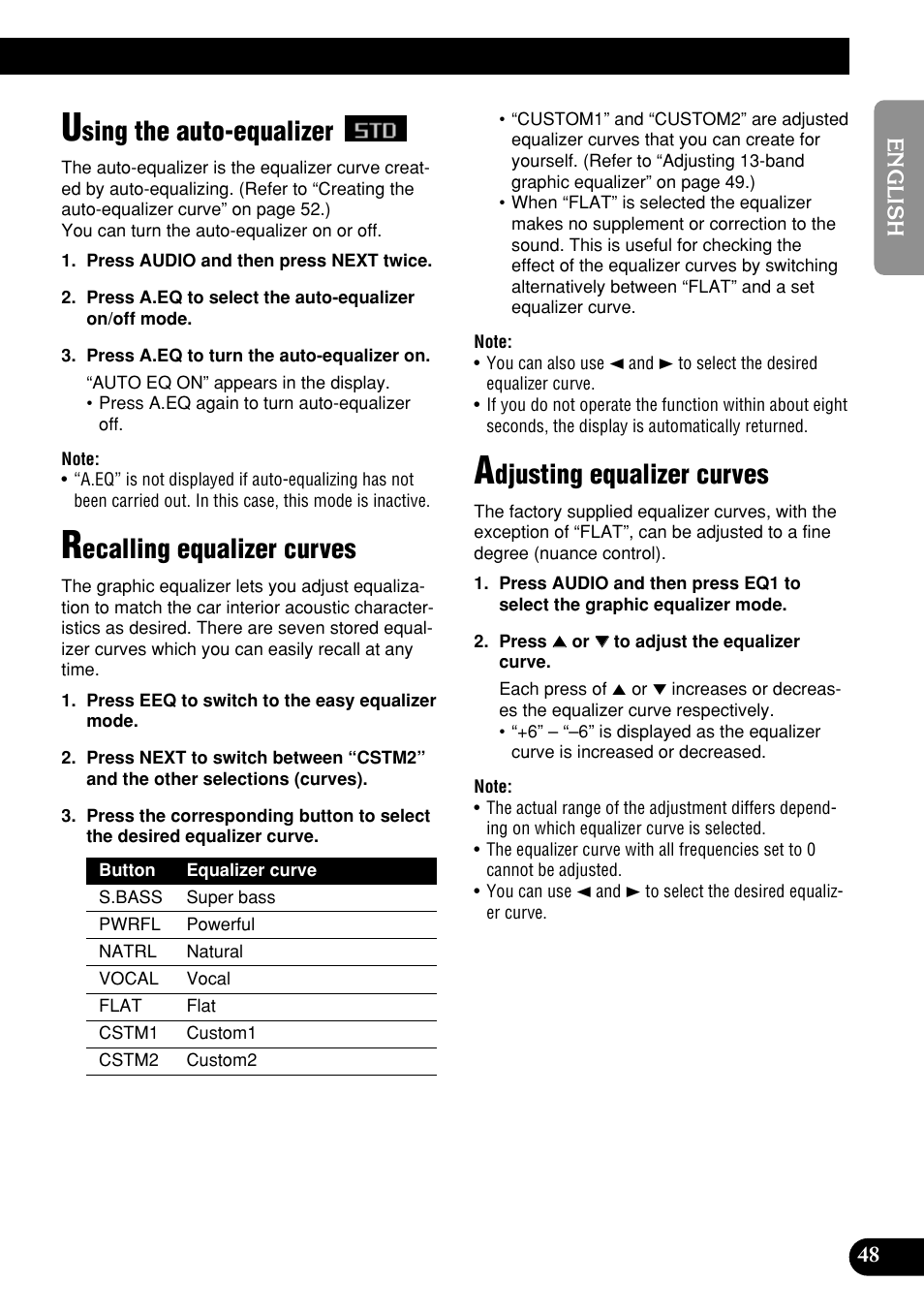 Sing the auto-equalizer, Ecalling equalizer curves, Djusting equalizer curves | Pioneer DEH-P9400MP User Manual | Page 49 / 140