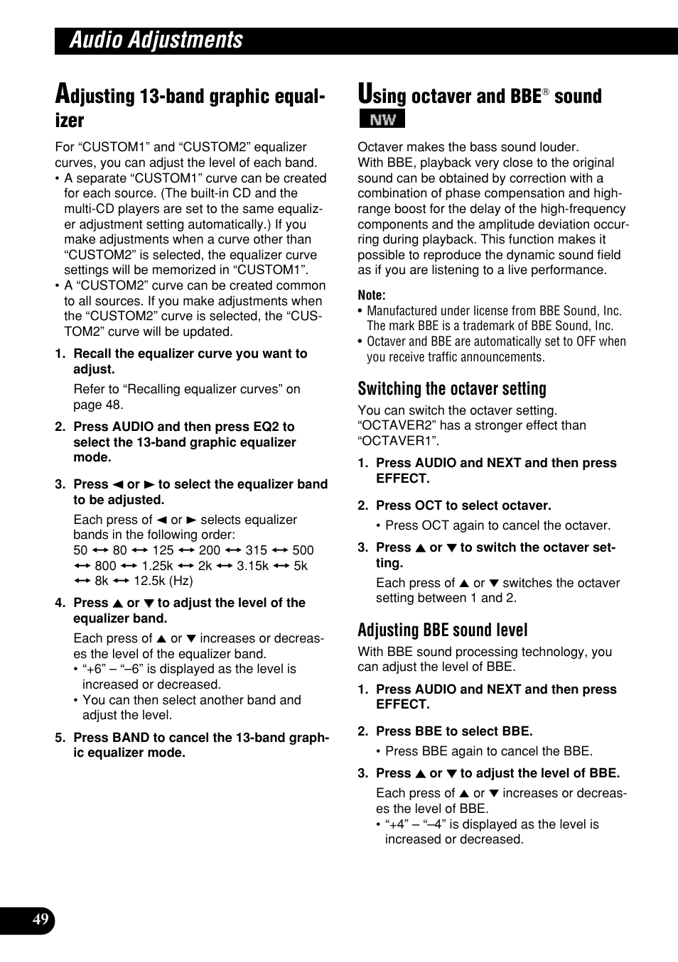 Audio adjustments, Djusting 13-band graphic equal- izer, Sing octaver and bbe | Sound, Switching the octaver setting, Adjusting bbe sound level | Pioneer DEH-P9400MP User Manual | Page 50 / 140