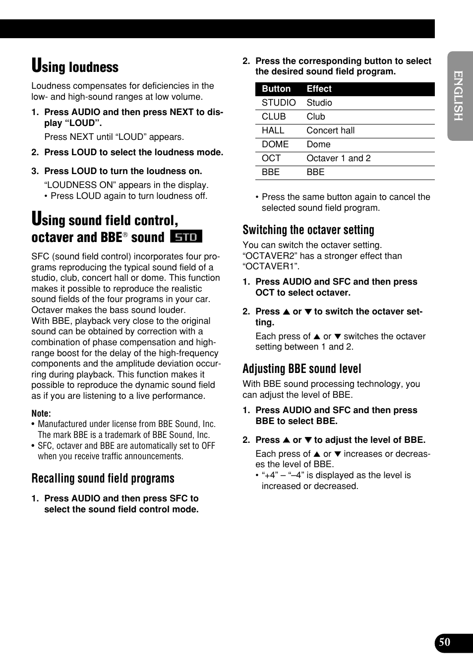 Sound, Sing loudness, Sing sound field control, octaver and bbe | Recalling sound field programs, Switching the octaver setting, Adjusting bbe sound level | Pioneer DEH-P9400MP User Manual | Page 51 / 140