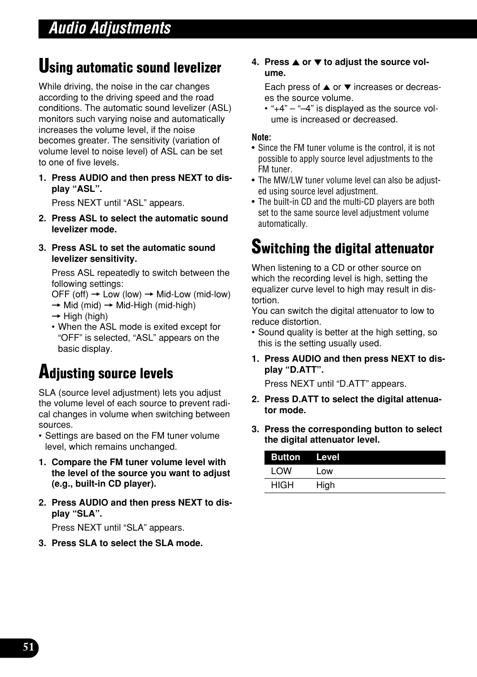 Audio adjustments, Sing automatic sound levelizer, Djusting source levels | Witching the digital attenuator | Pioneer DEH-P9400MP User Manual | Page 52 / 140