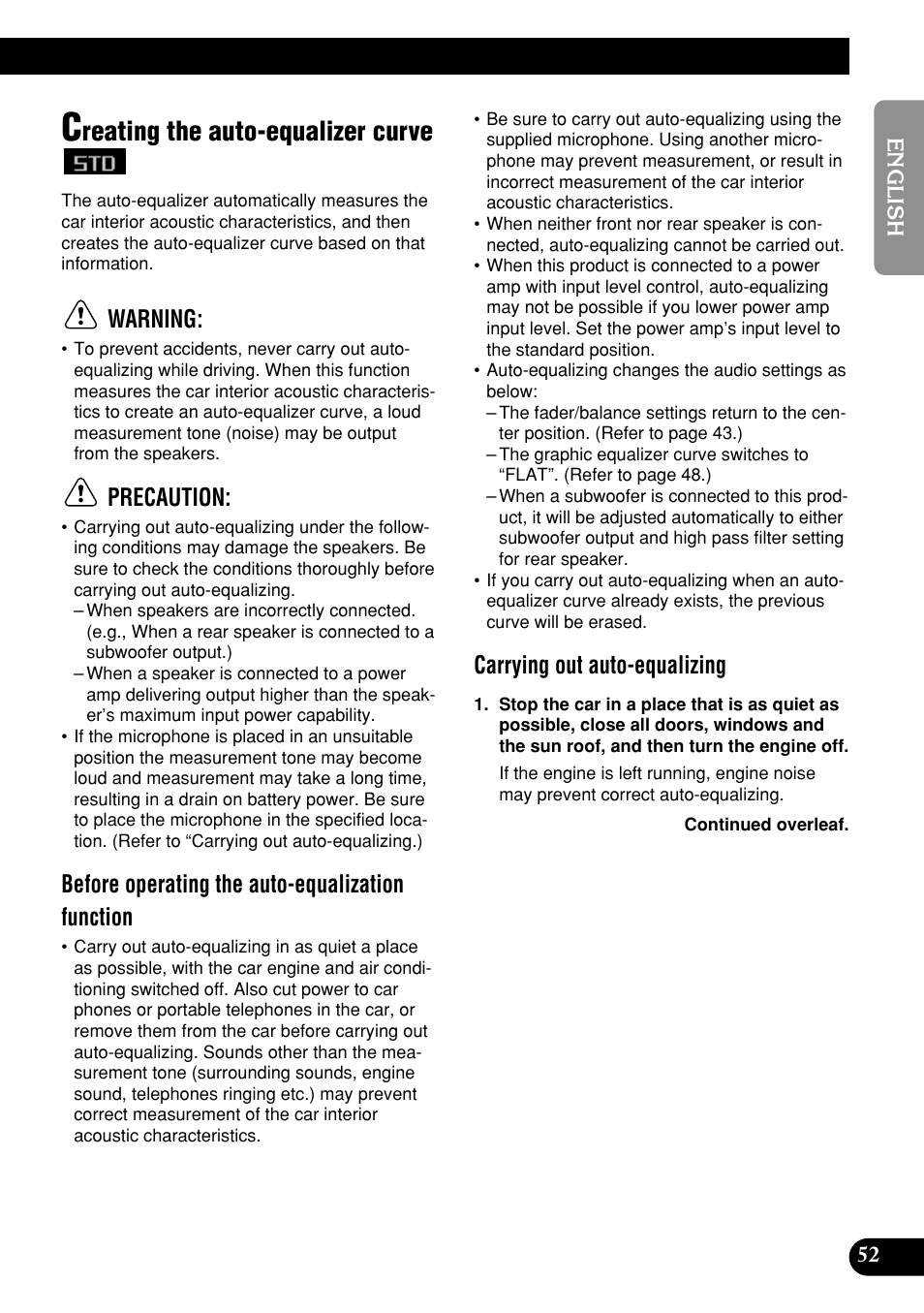 Creating the auto-equalizer curve, Reating the auto-equalizer curve, Warning | Precaution, Before operating the auto-equalization function, Carrying out auto-equalizing | Pioneer DEH-P9400MP User Manual | Page 53 / 140