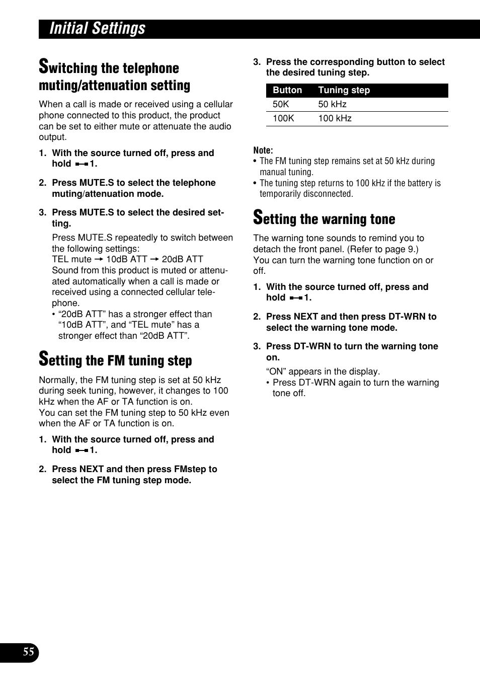 Switching the telephone muting/attenuation, Setting, Initial settings | Witching the telephone muting/attenuation setting, Etting the fm tuning step, Etting the warning tone | Pioneer DEH-P9400MP User Manual | Page 56 / 140