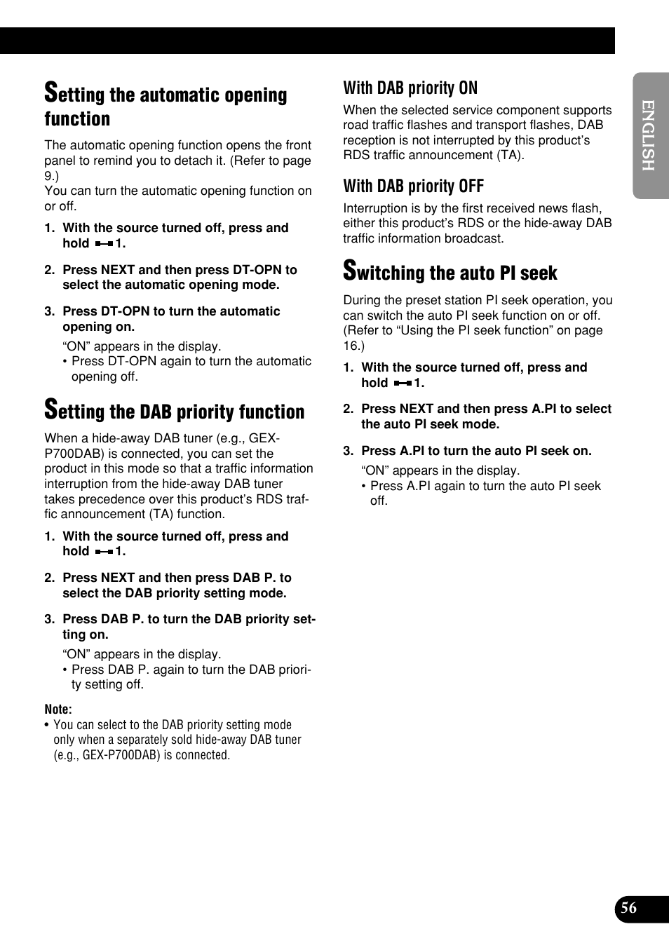 Etting the automatic opening function, Etting the dab priority function, Witching the auto pi seek | With dab priority on, With dab priority off | Pioneer DEH-P9400MP User Manual | Page 57 / 140
