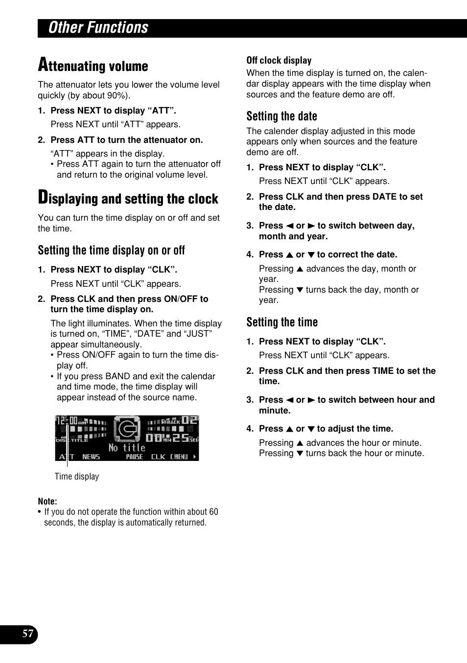 Other functions, Ttenuating volume, Isplaying and setting the clock | Setting the time display on or off, Setting the date, Setting the time | Pioneer DEH-P9400MP User Manual | Page 58 / 140